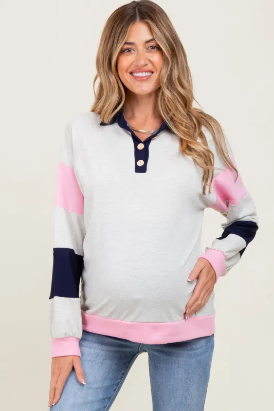 Navy Colorblock Collared Maternity Pullover sold by Pinkblush