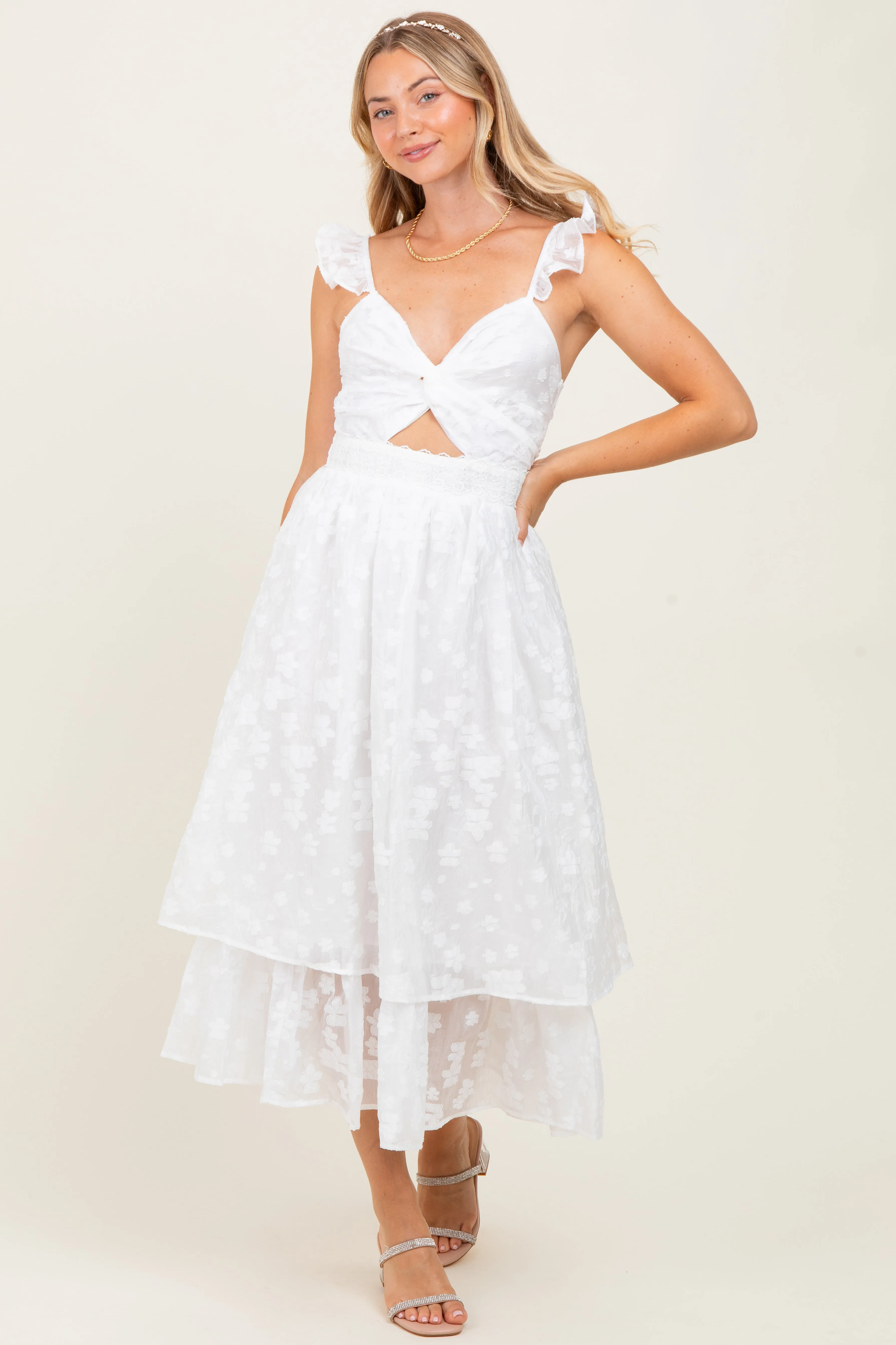White Embroidered Twist Front Cutout Midi Dress sold by Pinkblush