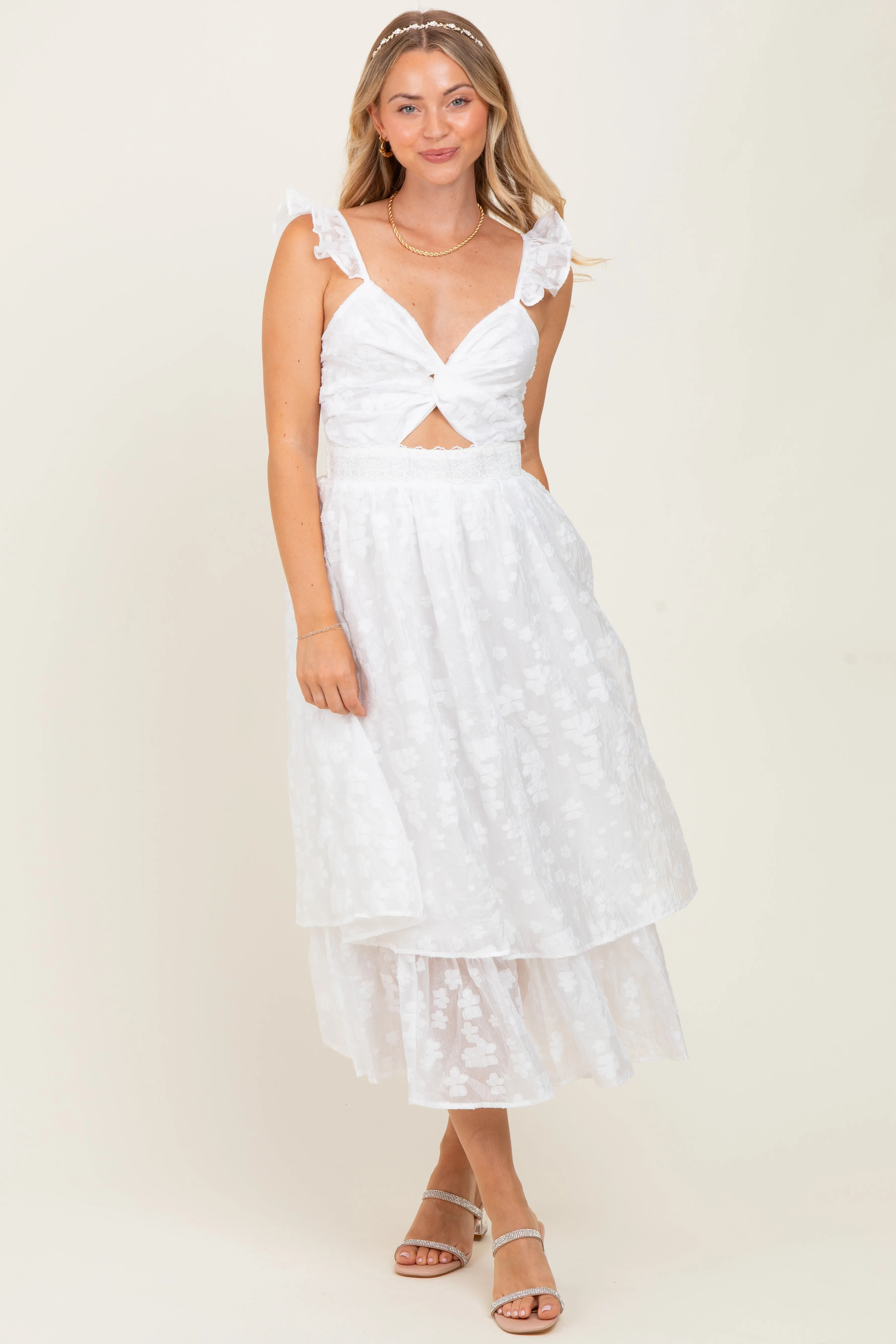 White Embroidered Twist Front Cutout Midi Dress sold by Pinkblush product image thumbnail 2