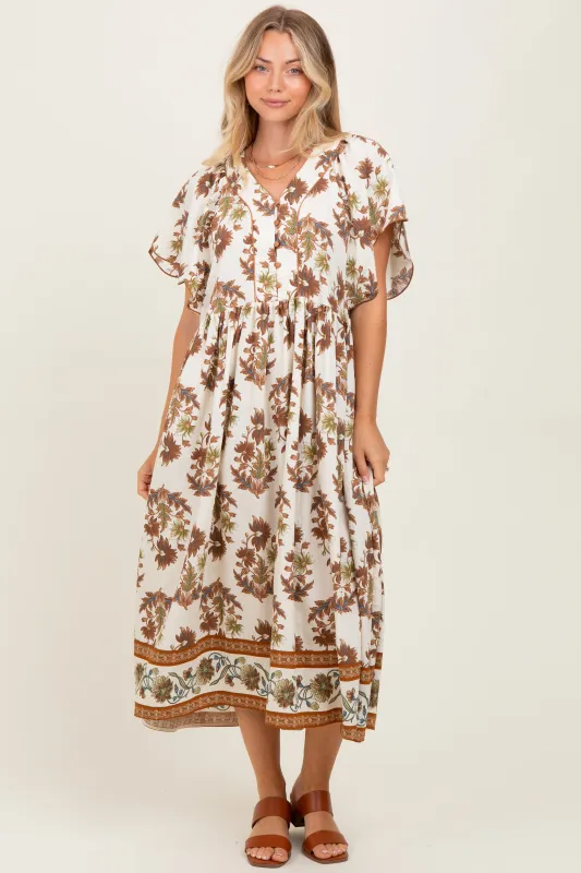 Mocha Floral V-Neck Button Detail Mid Dress sold by Pinkblush