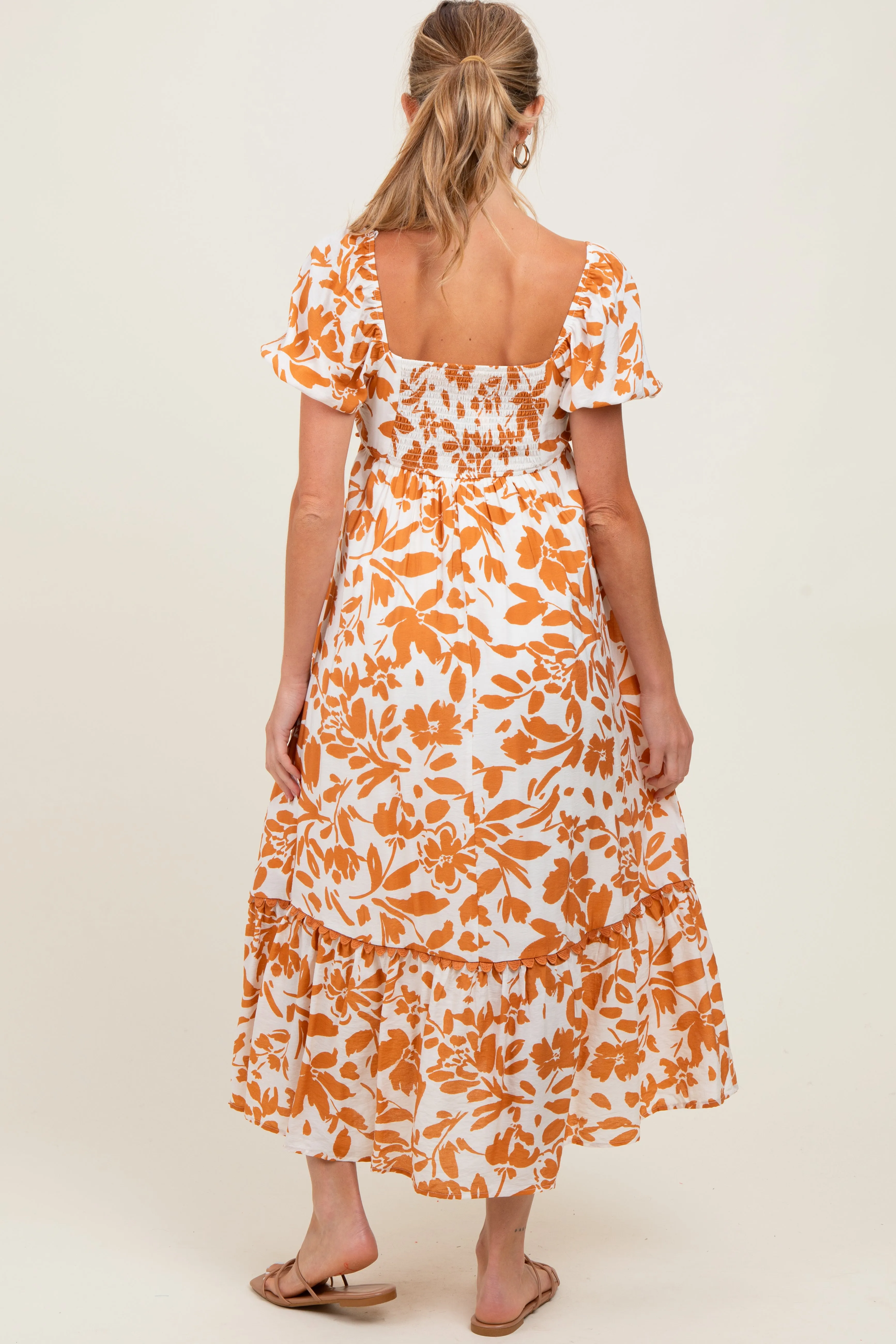 Orange Floral Scallop Trim Puff Sleeve Maternity Midi Dress sold by Pinkblush product image thumbnail 4