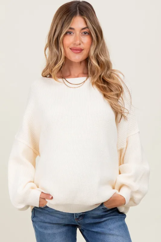 Cream Balloon Sleeve Boat Neck Knit Maternity Sweater sold by Pinkblush