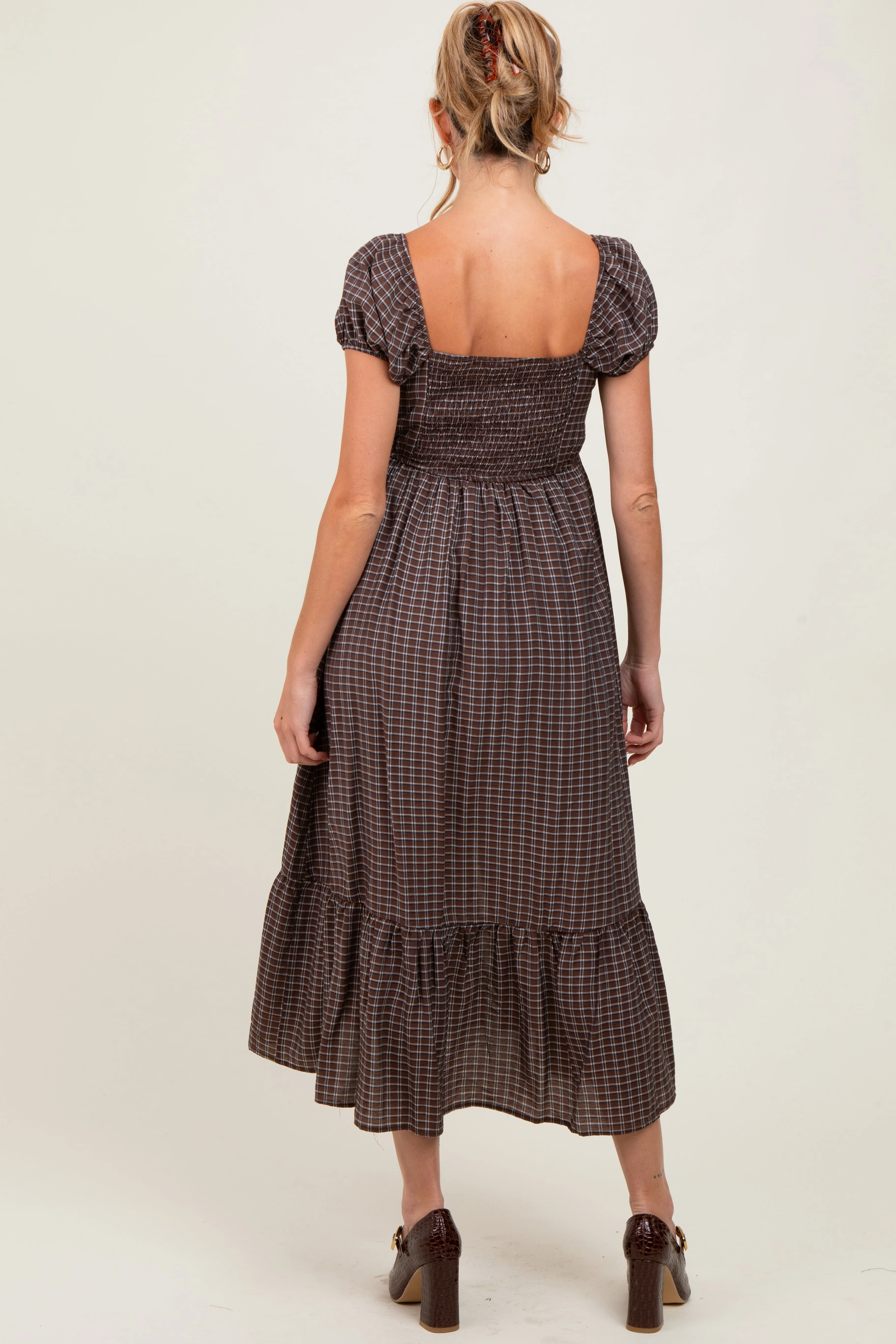 Brown Plaid Puff Sleeve Button Down Maternity Maxi Dress sold by Pinkblush product image thumbnail 3