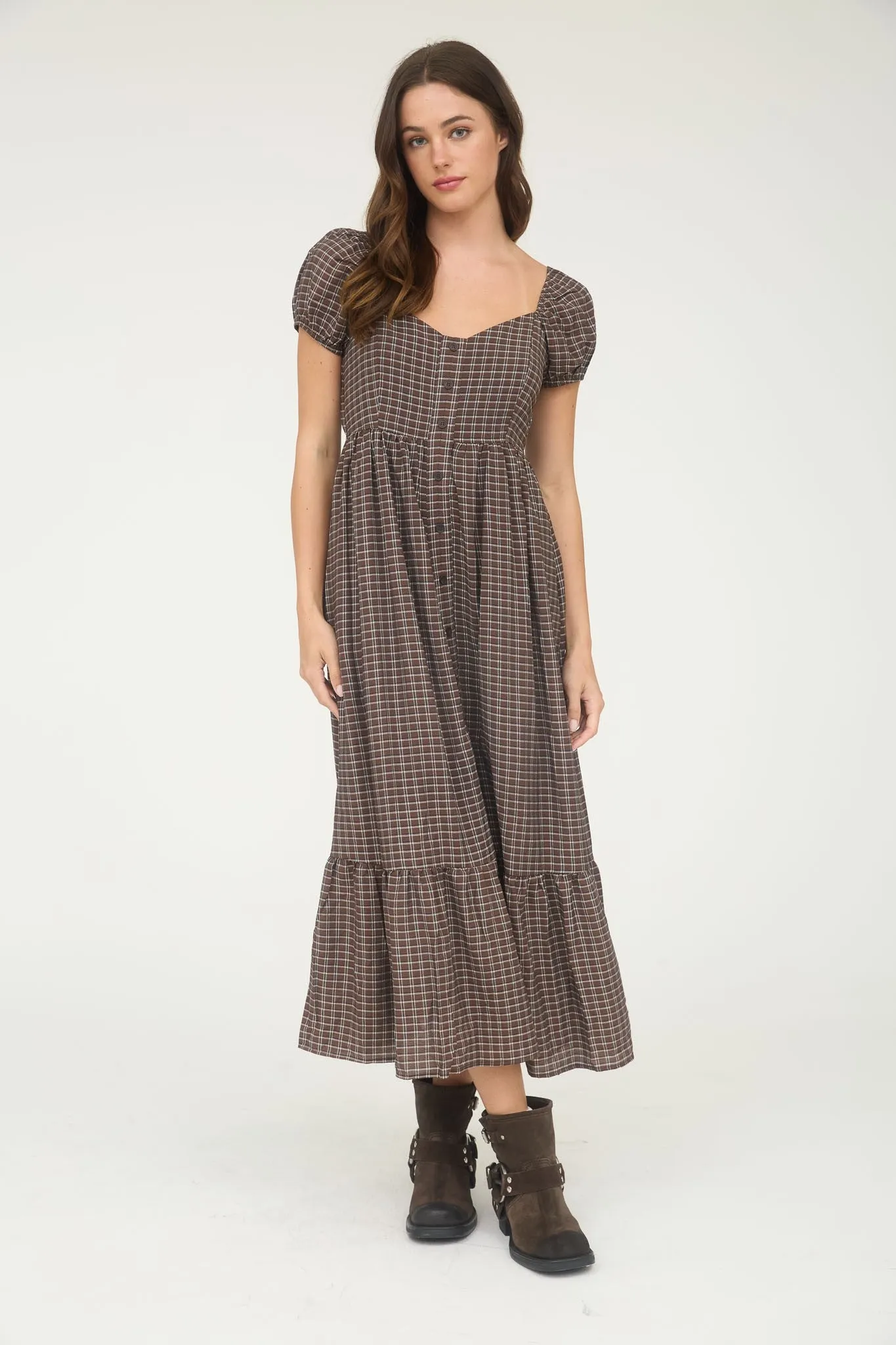 Brown Plaid Puff Sleeve Button Down Maternity Maxi Dress sold by Pinkblush product image thumbnail 4