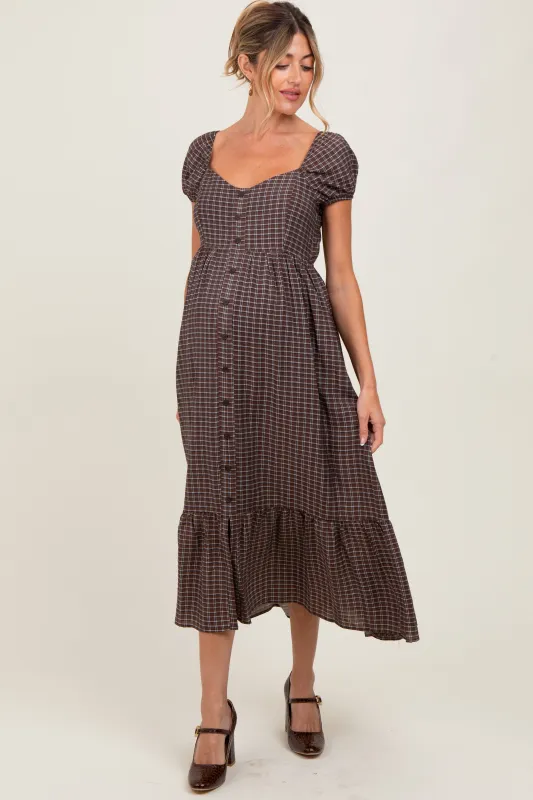 Brown Plaid Puff Sleeve Button Down Maternity Maxi Dress sold by Pinkblush