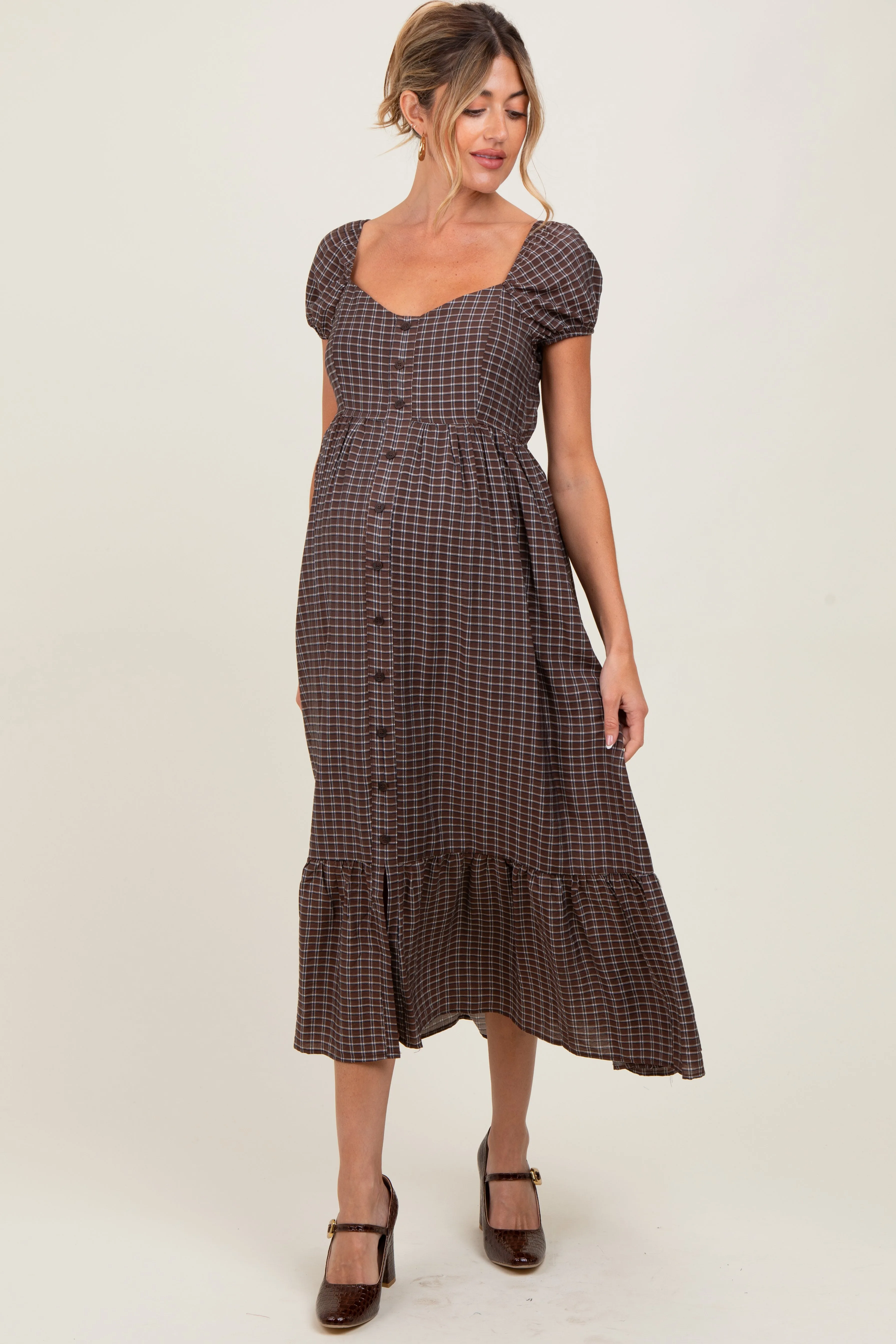 Brown Plaid Puff Sleeve Button Down Maternity Maxi Dress sold by Pinkblush