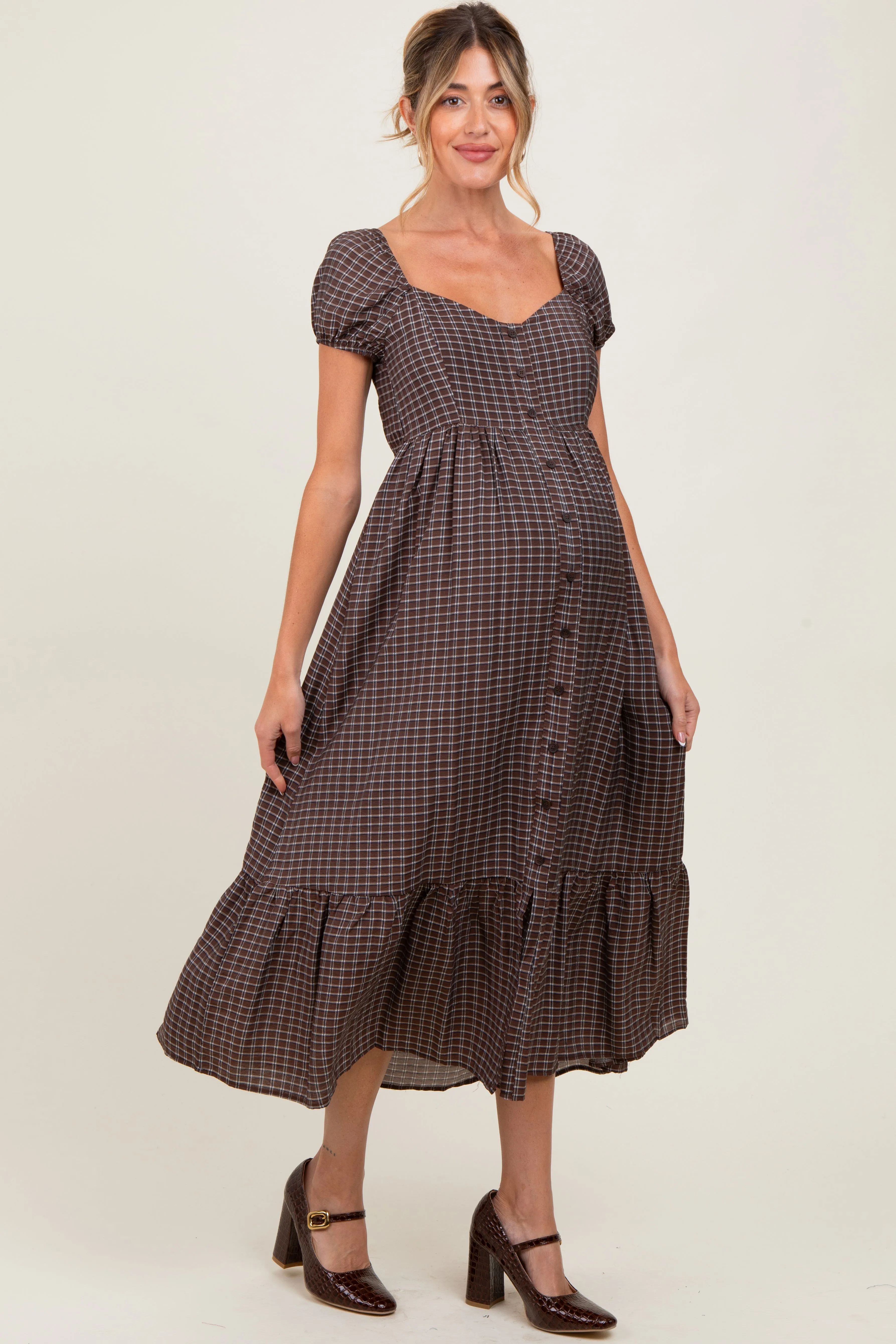 Brown Plaid Puff Sleeve Button Down Maternity Maxi Dress sold by Pinkblush product image thumbnail 2