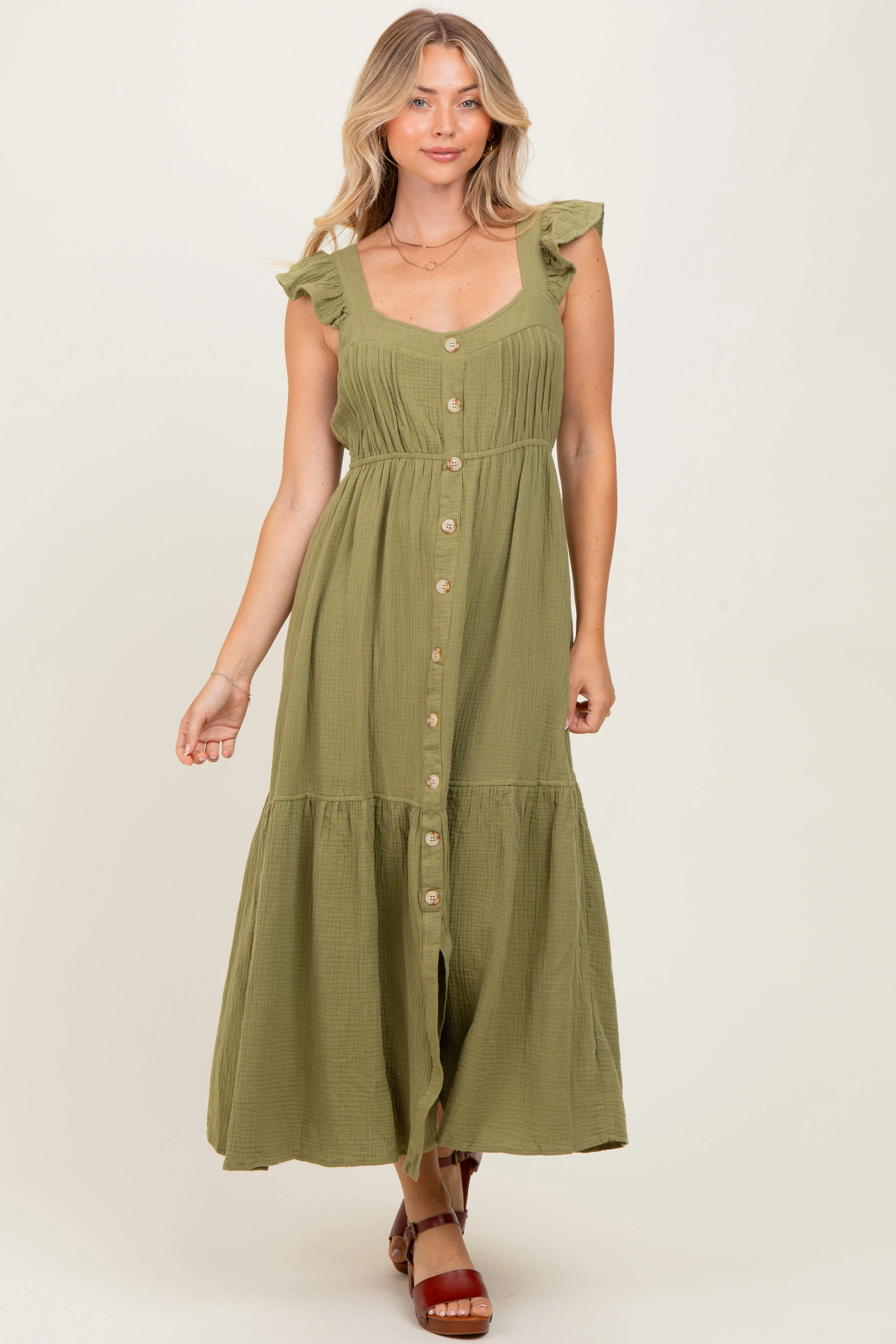 Light Olive Cotton Gauze Button Down Midi Dress sold by Pinkblush product image thumbnail 2