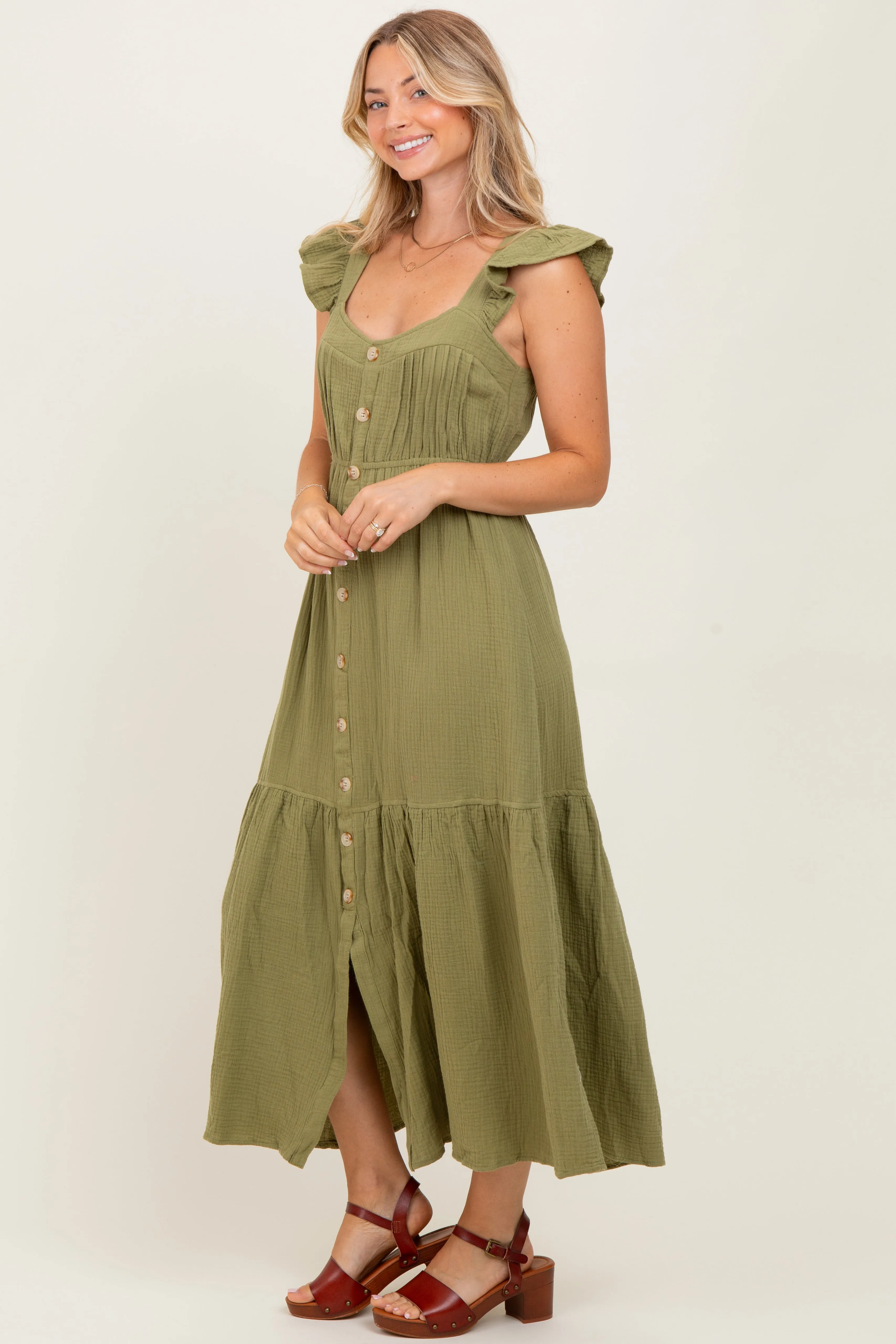 Light Olive Cotton Gauze Button Down Midi Dress sold by Pinkblush product image thumbnail 3