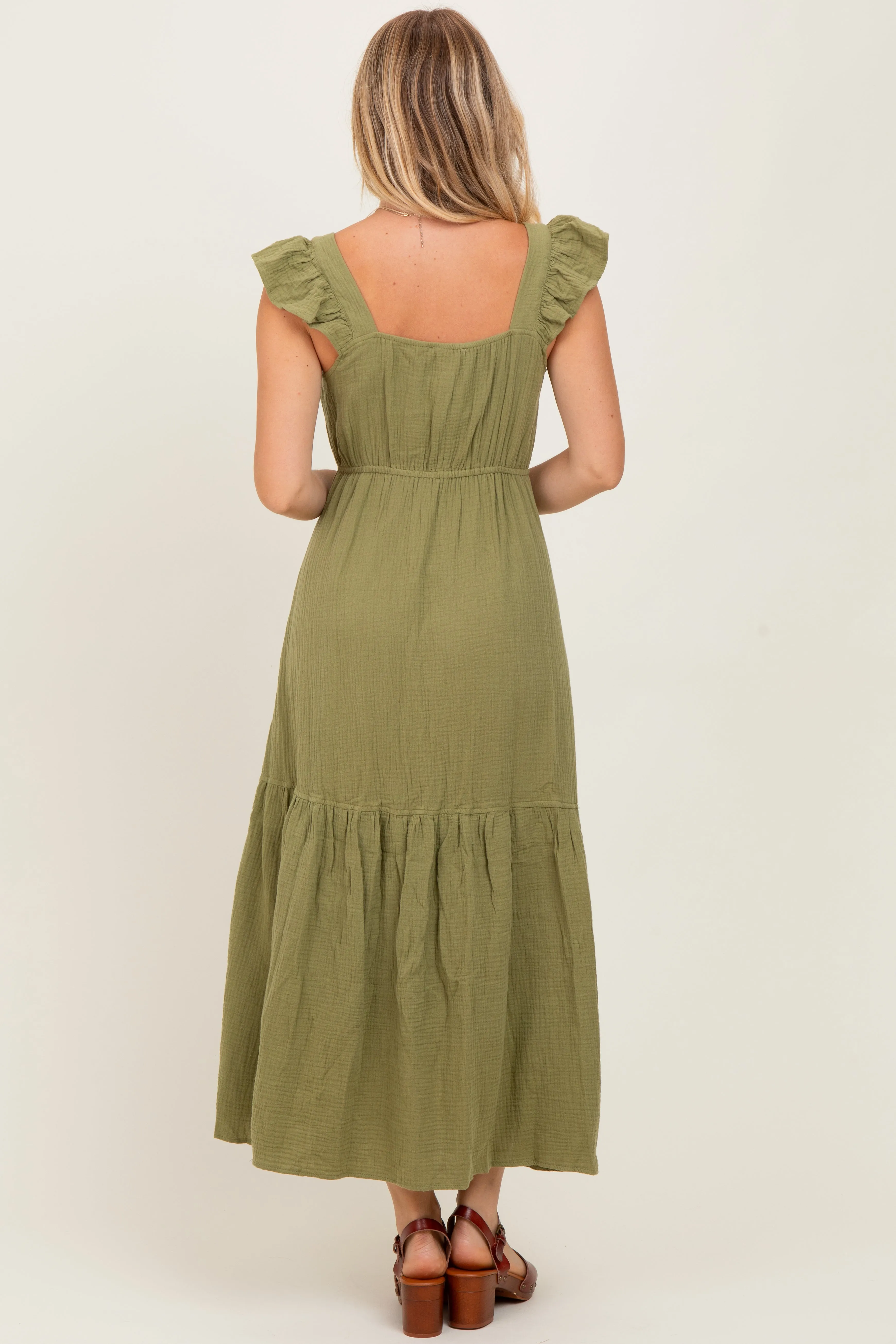 Light Olive Cotton Gauze Button Down Midi Dress sold by Pinkblush product image thumbnail 4