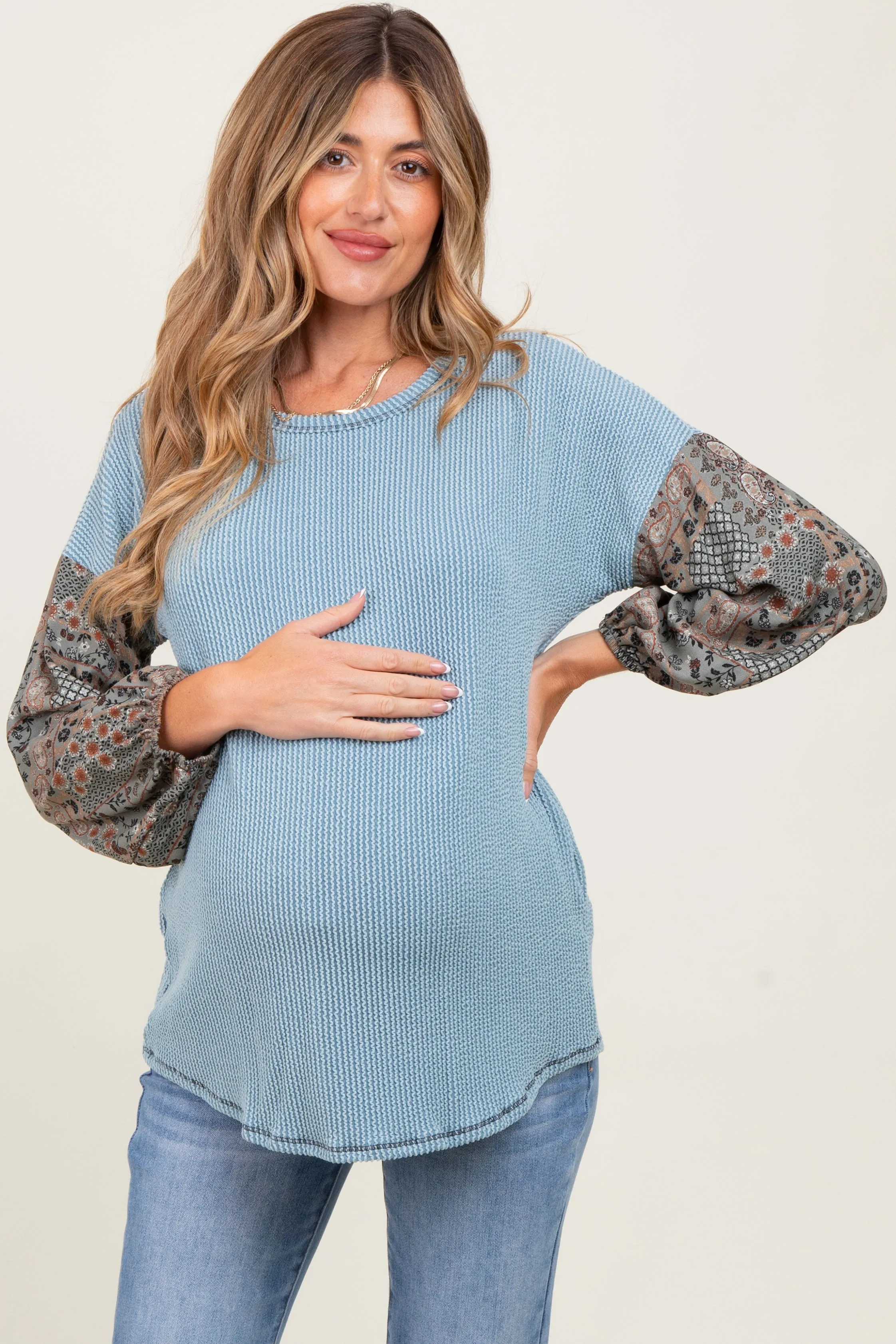 Light Blue Floral Ribbed Colorblock Maternity Long Sleeve sold by Pinkblush