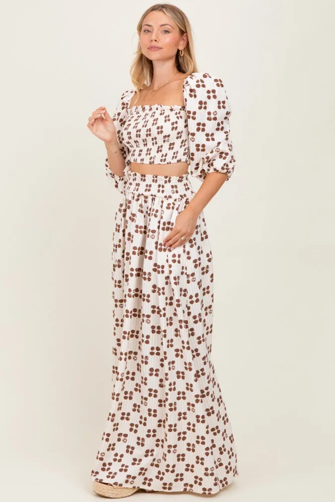 Brown Printed Smocked Crop Top Maxi Skirt Set sold by Pinkblush product image thumbnail 2