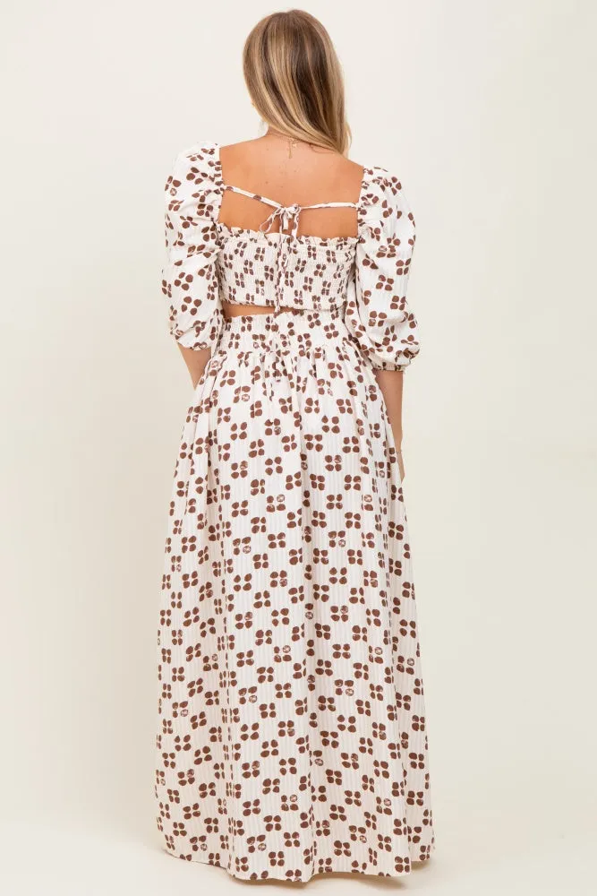 Brown Printed Smocked Crop Top Maxi Skirt Set sold by Pinkblush product image thumbnail 3