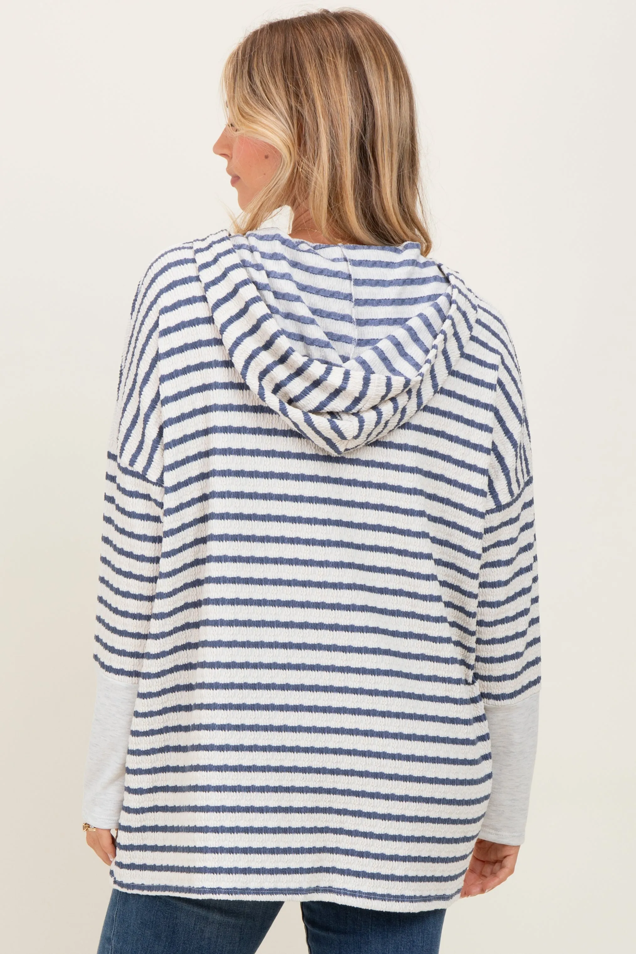 Light Navy Textured Stripe Button Up Hoodie sold by Pinkblush product image thumbnail 4