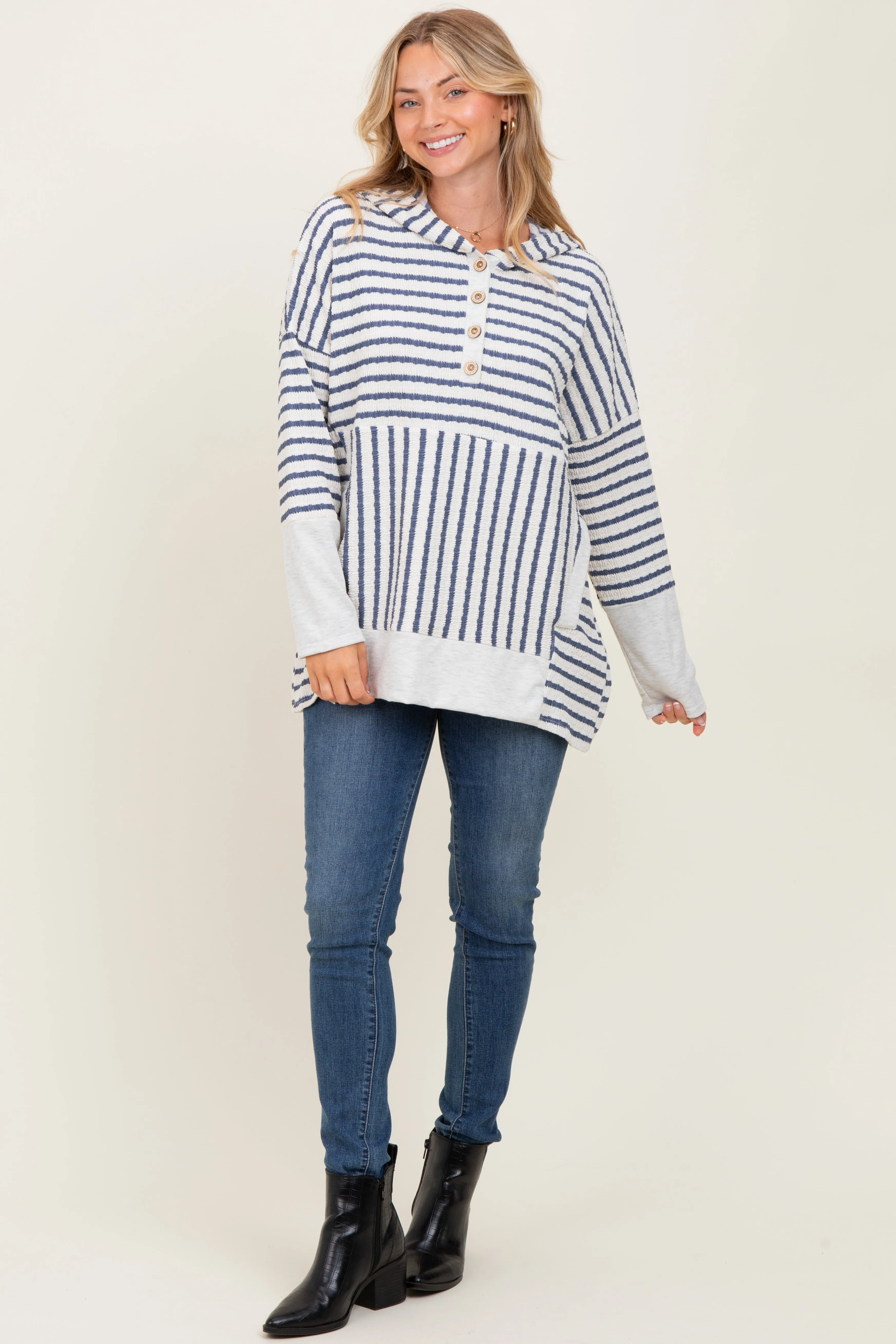 Light Navy Textured Stripe Button Up Hoodie sold by Pinkblush product image thumbnail 2