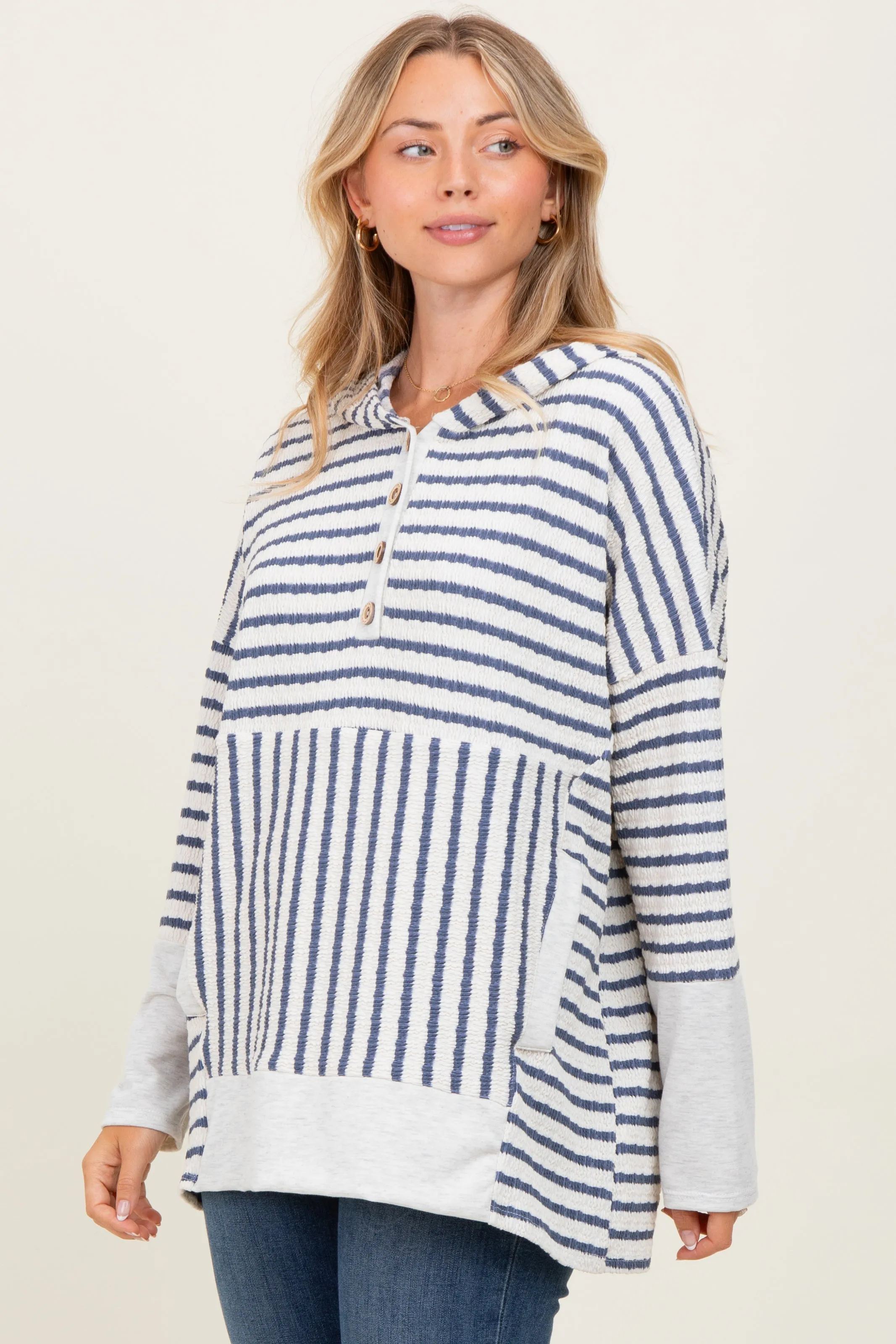 Light Navy Textured Stripe Button Up Hoodie sold by Pinkblush product image thumbnail 3