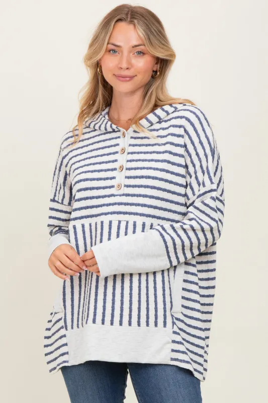 Light Navy Textured Stripe Button Up Hoodie sold by Pinkblush