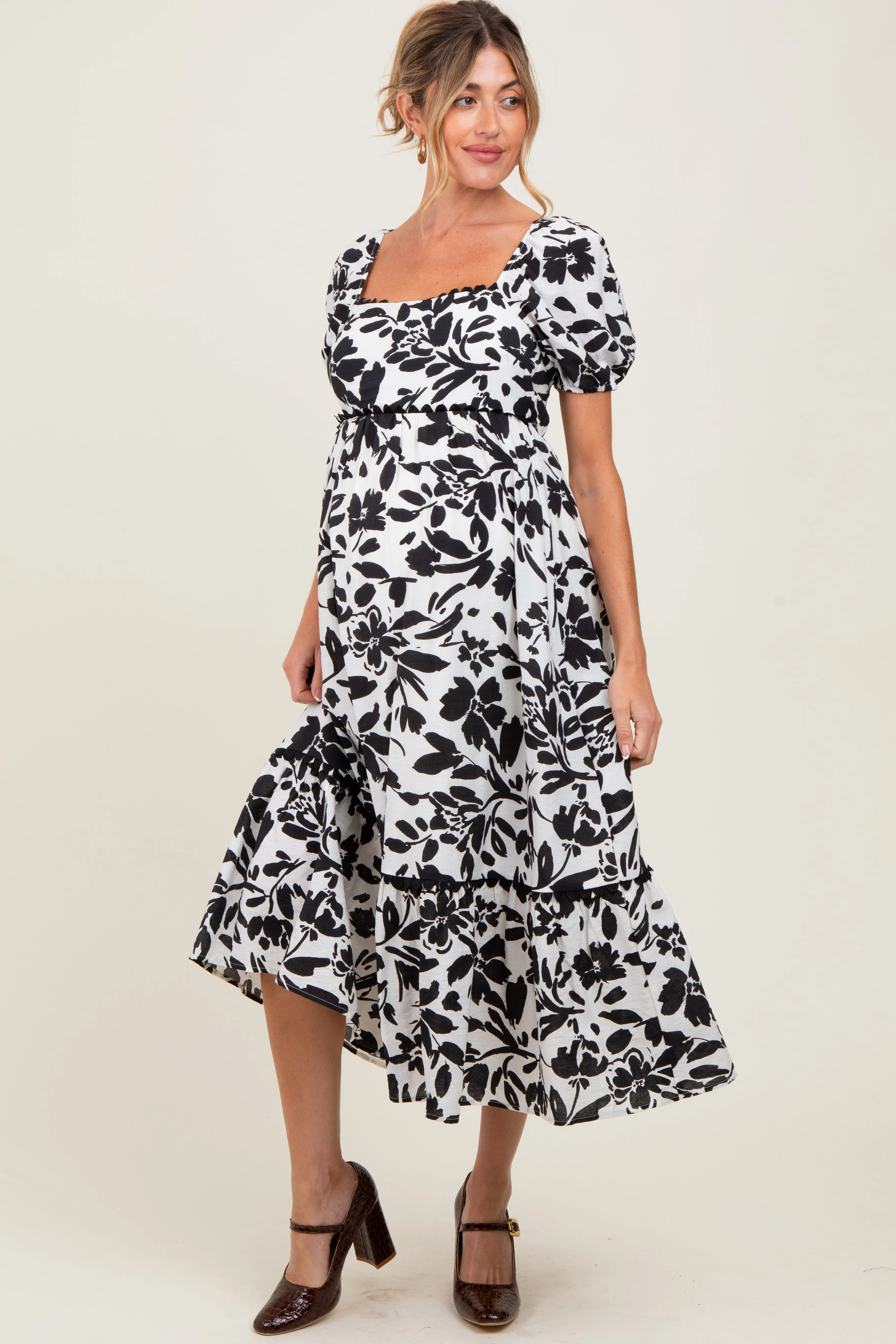 Black Floral Scallop Trim Puff Sleeve Maternity Midi Dress sold by Pinkblush product image thumbnail 2