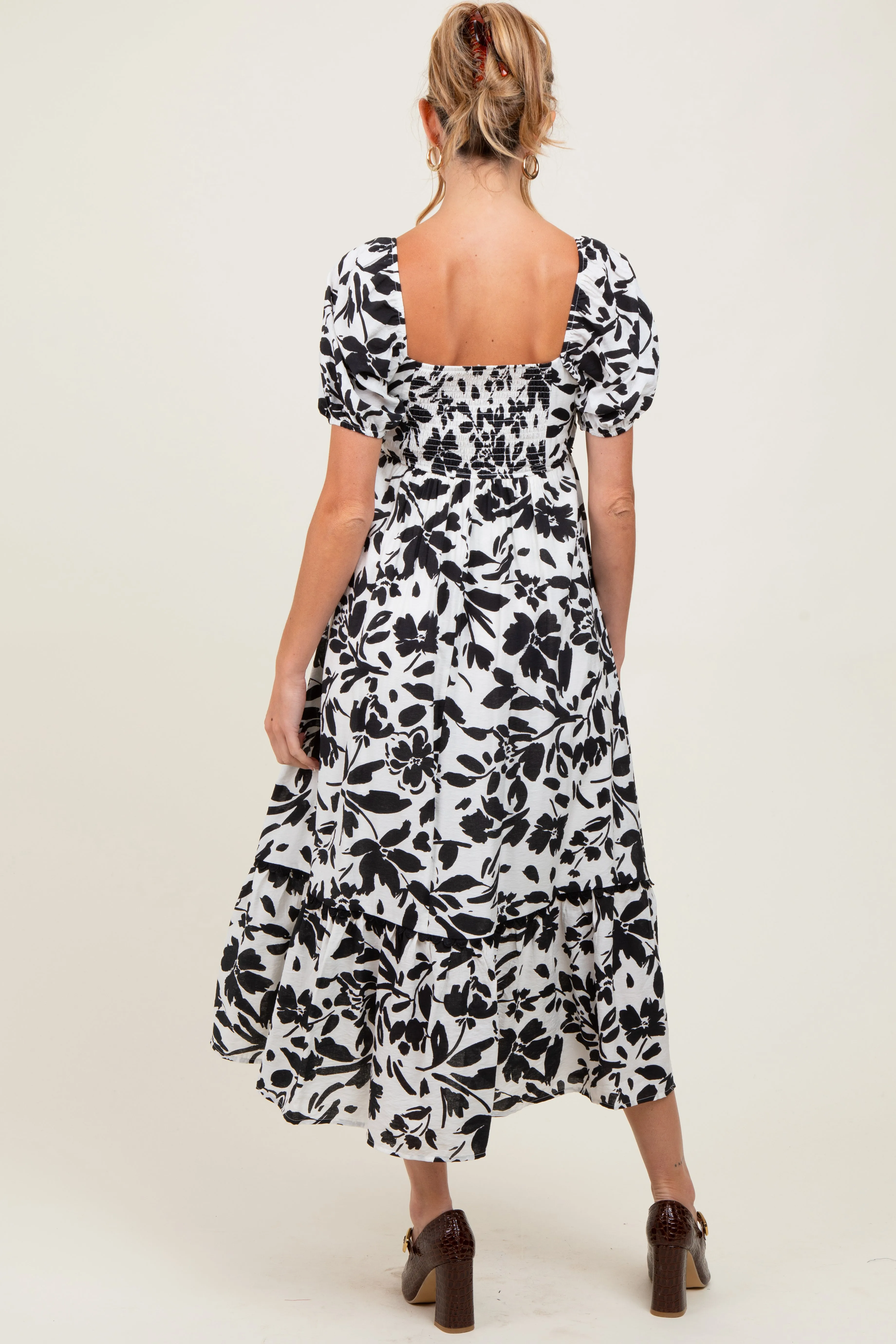 Black Floral Scallop Trim Puff Sleeve Maternity Midi Dress sold by Pinkblush product image thumbnail 3