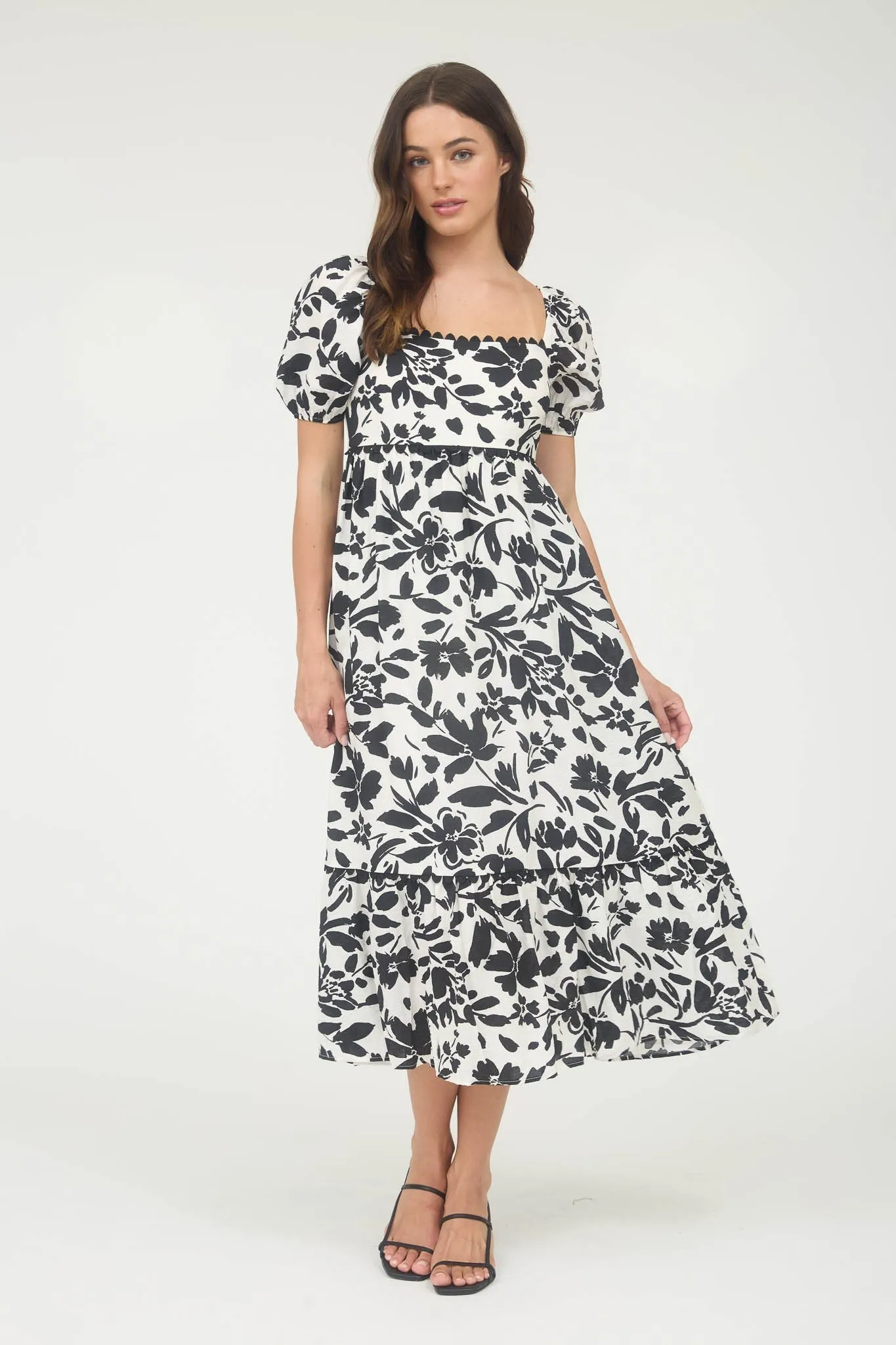 Black Floral Scallop Trim Puff Sleeve Maternity Midi Dress sold by Pinkblush product image thumbnail 4