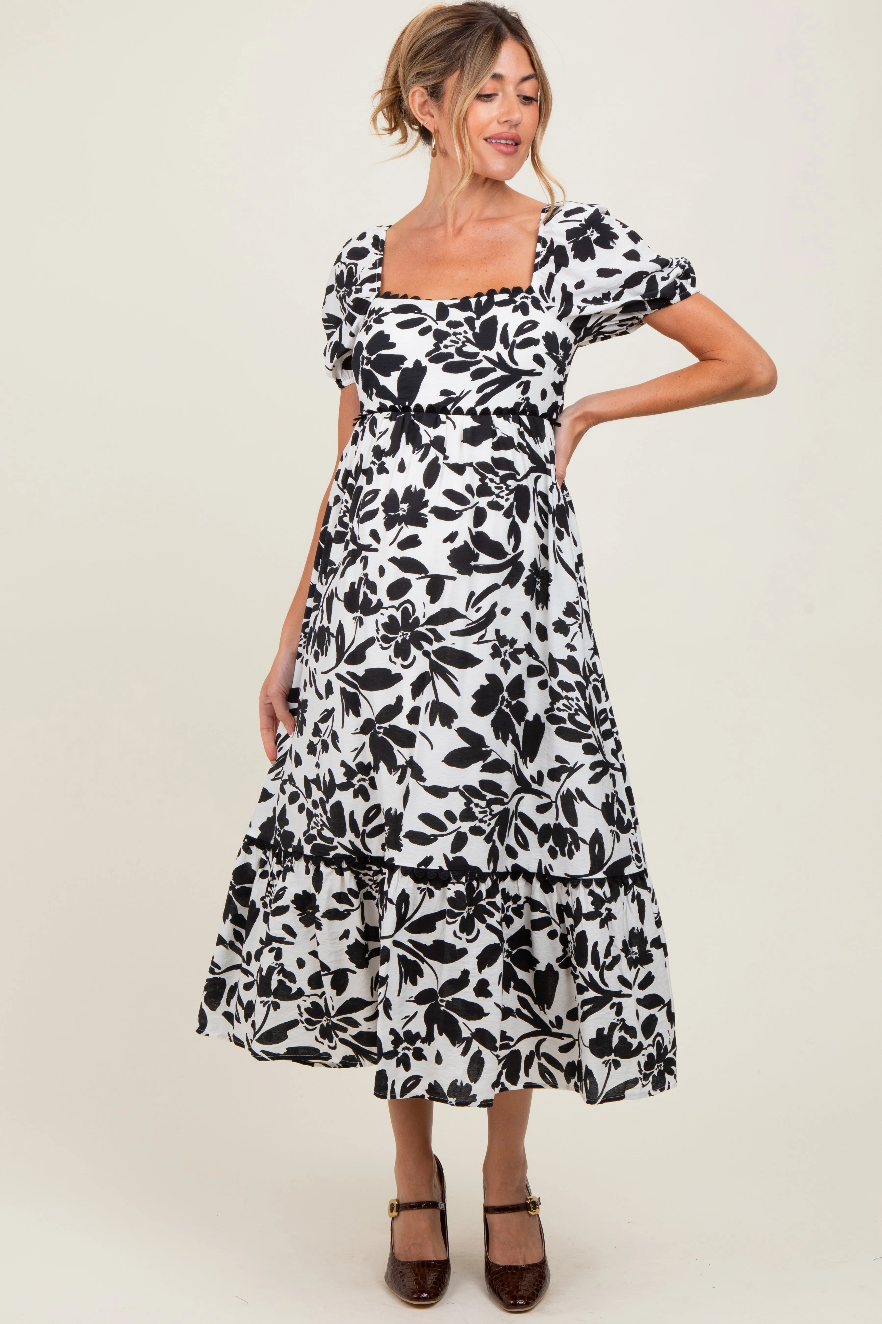 Black Floral Scallop Trim Puff Sleeve Maternity Midi Dress sold by Pinkblush