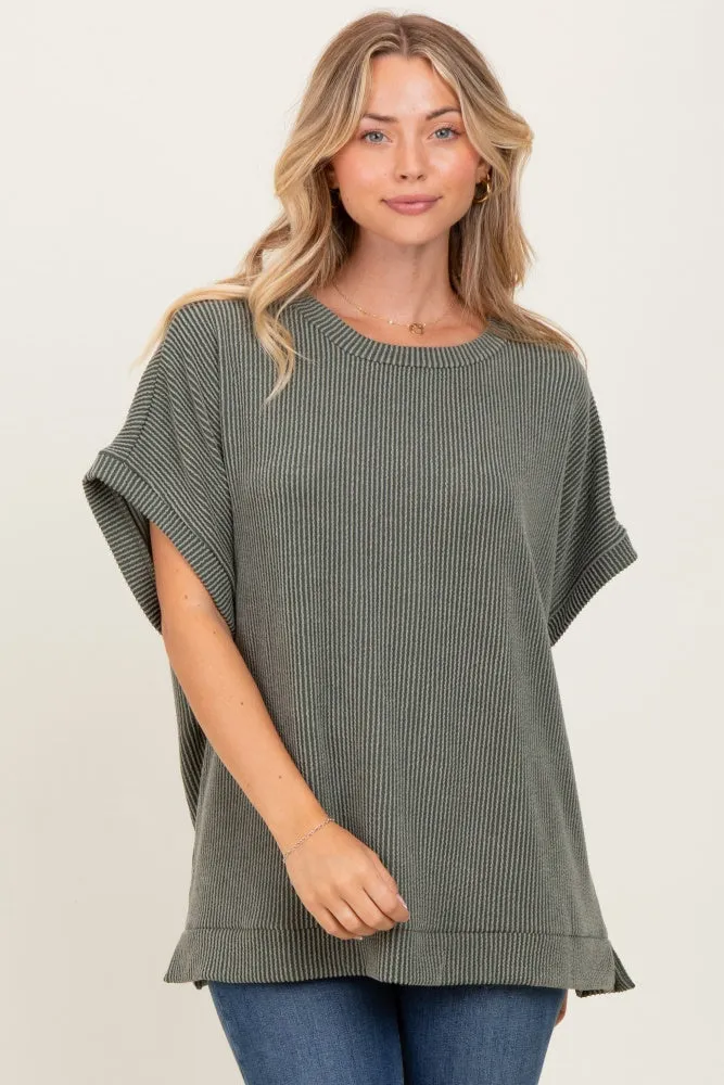 Olive Solid Ribbed Short Sleeve Oversized Tunic Top sold by Pinkblush