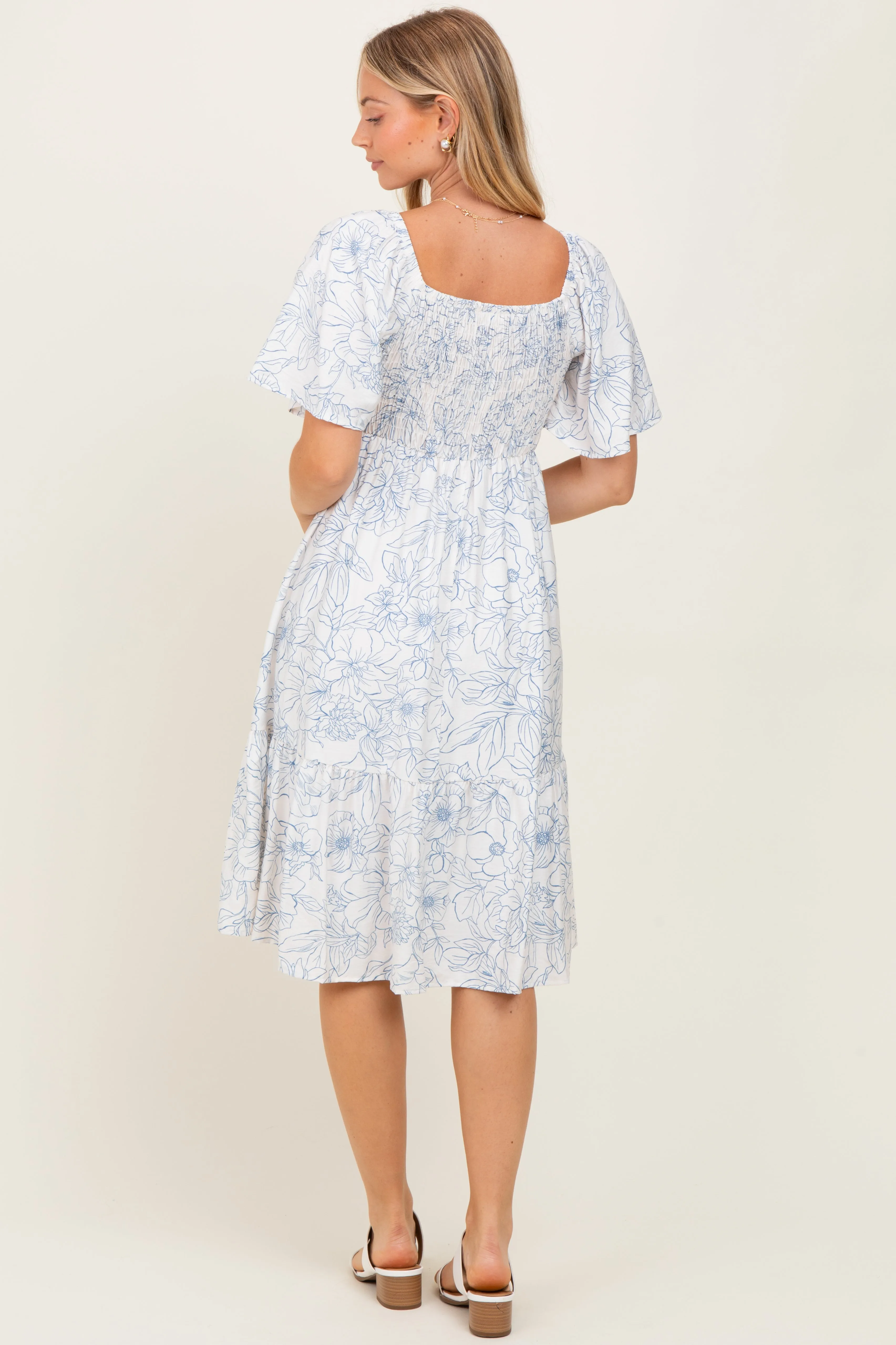 Ivory Floral Smocked Flutter Sleeve Midi Dress sold by Pinkblush product image thumbnail 4