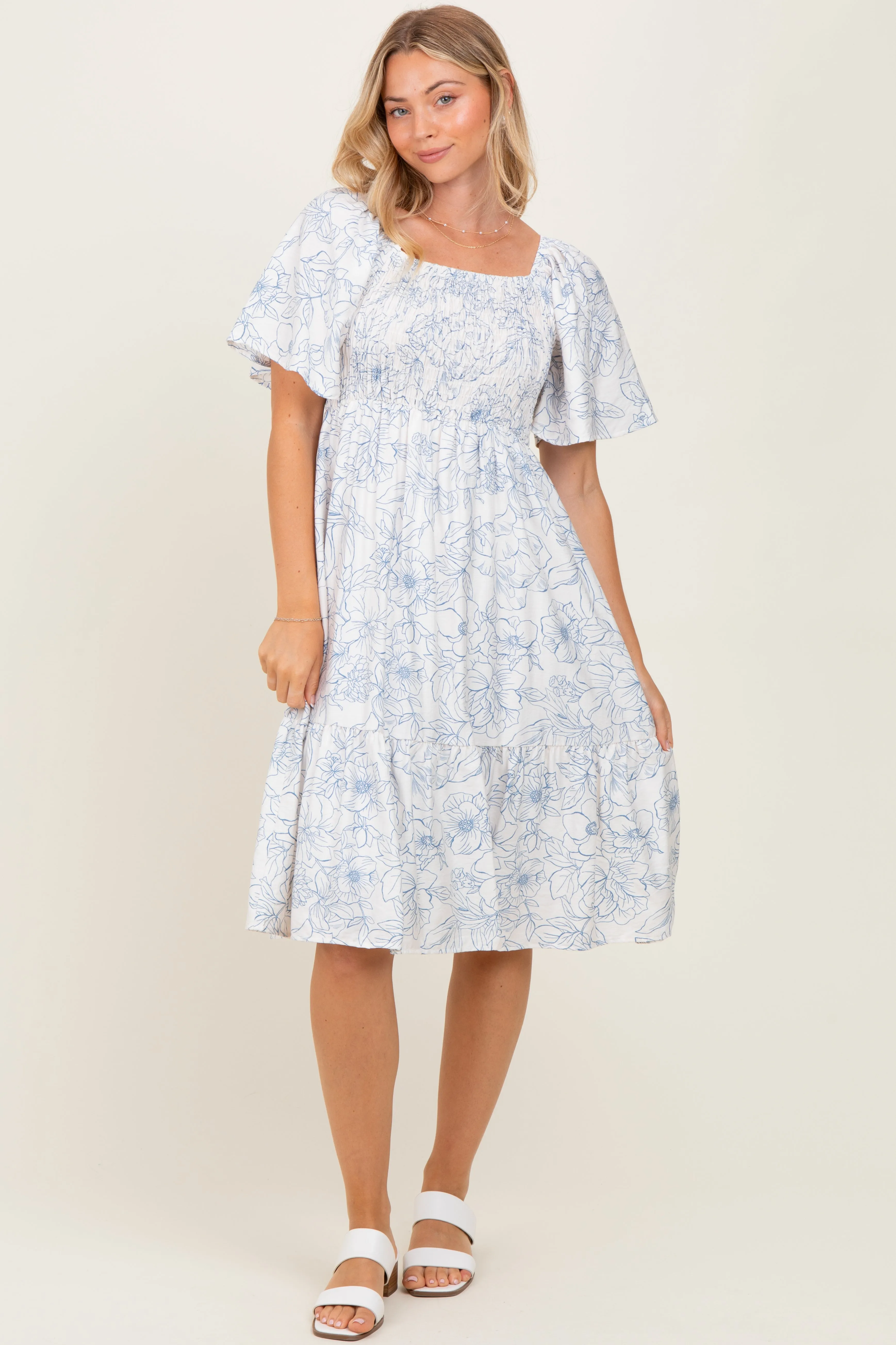 Ivory Floral Smocked Flutter Sleeve Midi Dress sold by Pinkblush product image thumbnail 2