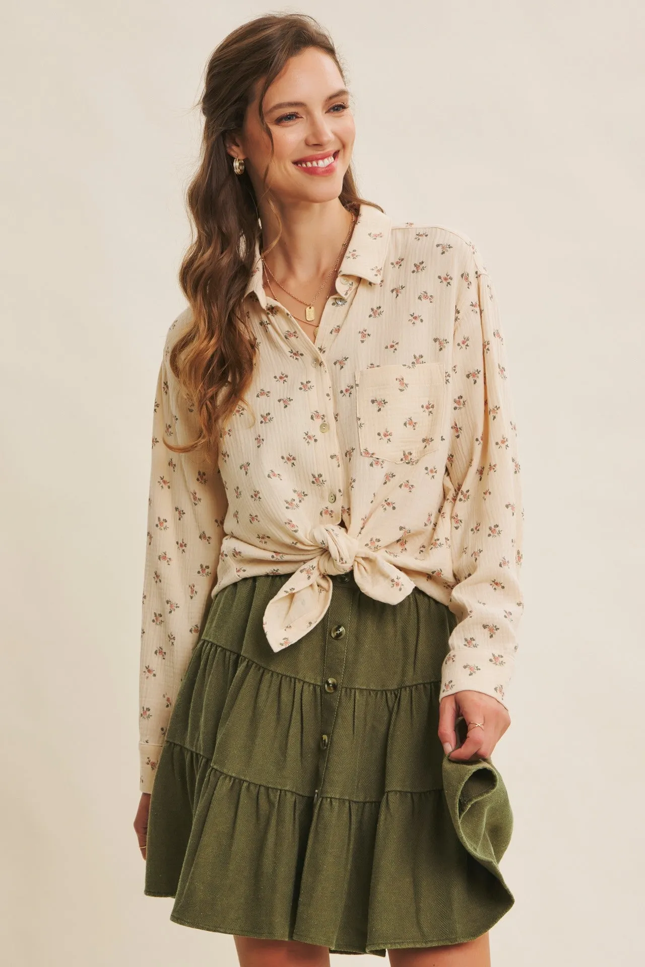 Cream Floral Cotton Gauze Oversized Button-Down Maternity Shirt sold by Pinkblush product image thumbnail 4