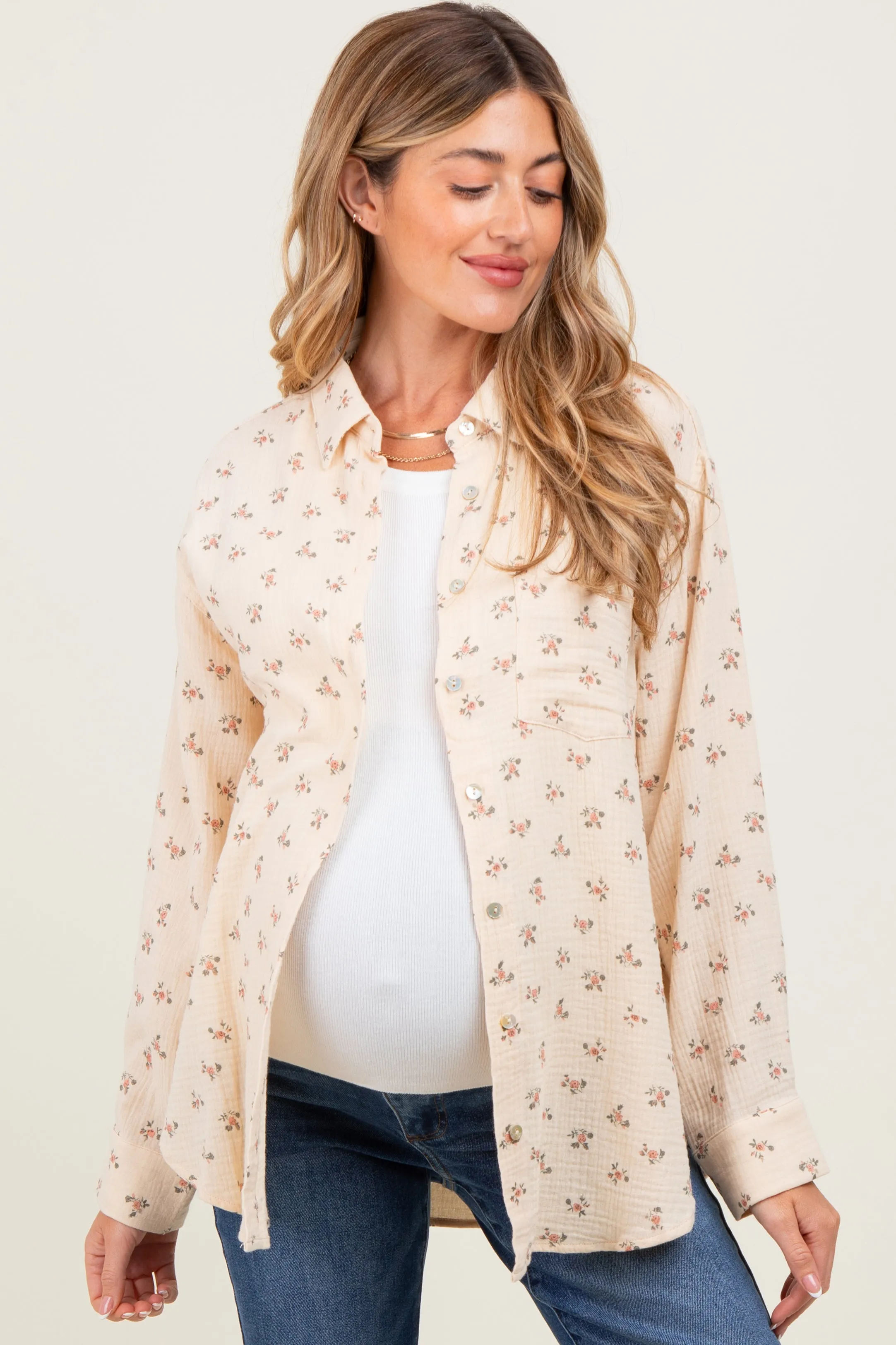 Cream Floral Cotton Gauze Oversized Button-Down Maternity Shirt sold by Pinkblush
