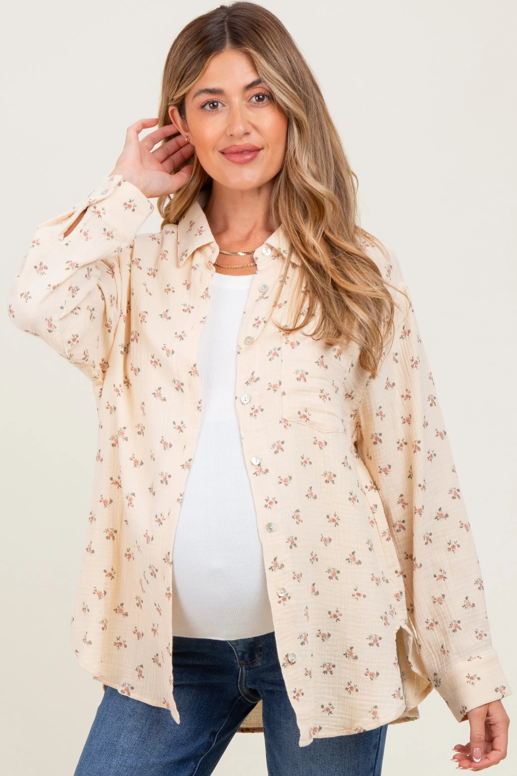 Cream Floral Cotton Gauze Oversized Button-Down Maternity Shirt sold by Pinkblush product image thumbnail 2