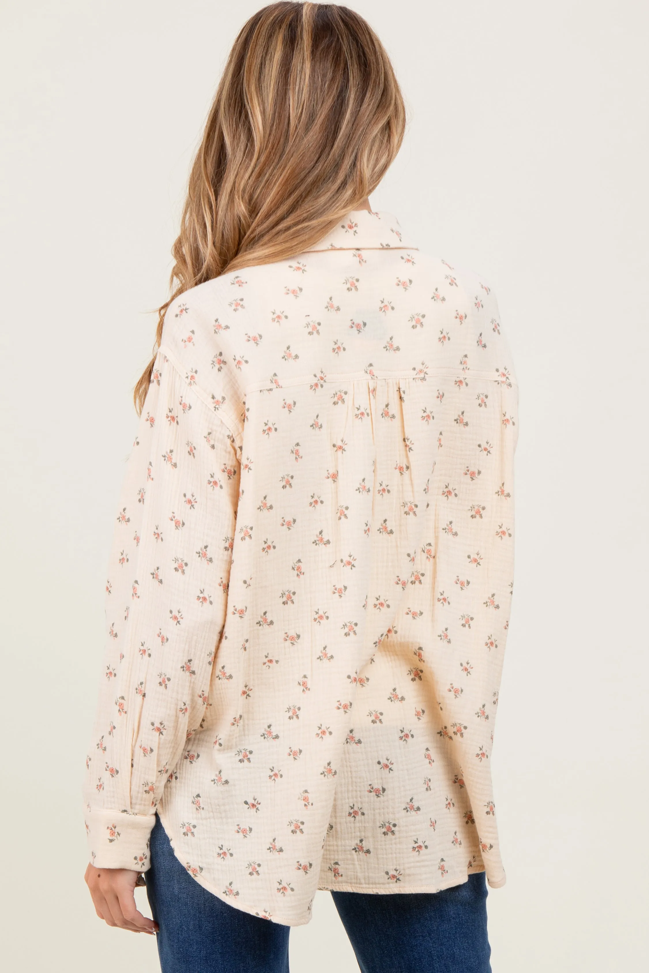 Cream Floral Cotton Gauze Oversized Button-Down Maternity Shirt sold by Pinkblush product image thumbnail 3