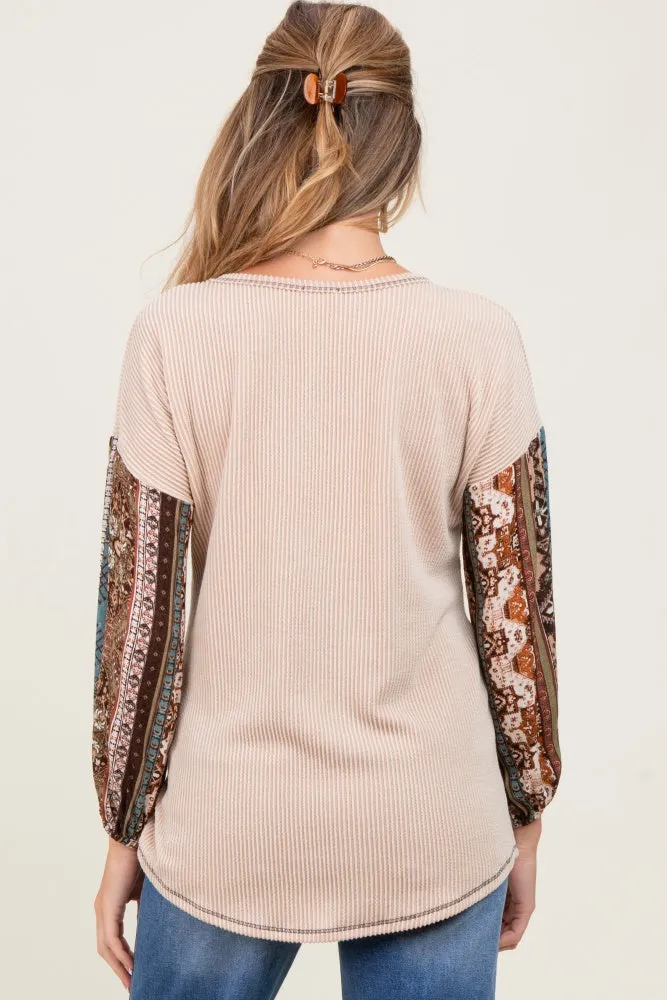 Beige Floral Ribbed Knit Colorblock Maternity Long Sleeve Top sold by Pinkblush product image thumbnail 4