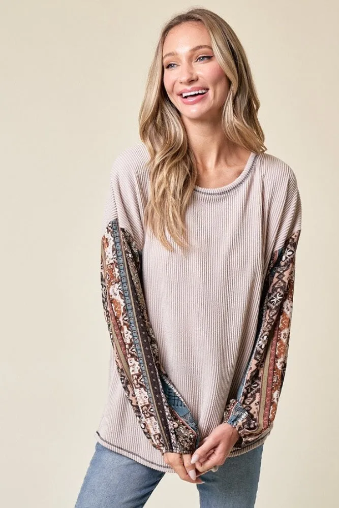 Beige Floral Ribbed Knit Colorblock Maternity Long Sleeve Top sold by Pinkblush product image thumbnail 5