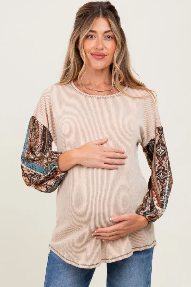 Beige Floral Ribbed Knit Colorblock Maternity Long Sleeve Top sold by Pinkblush product image thumbnail 2