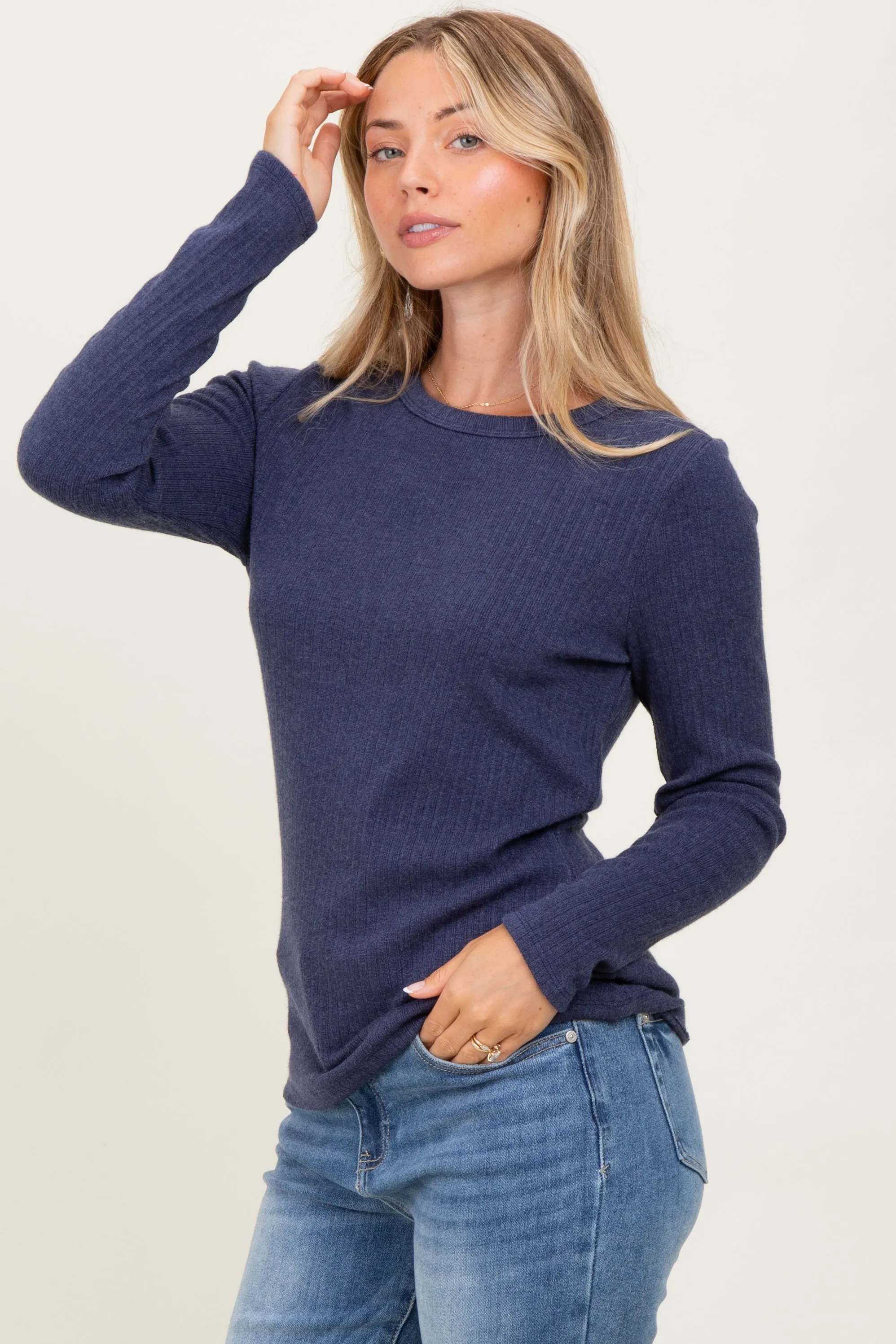 Navy Ribbed Knit Long Sleeve Top sold by Pinkblush product image thumbnail 3
