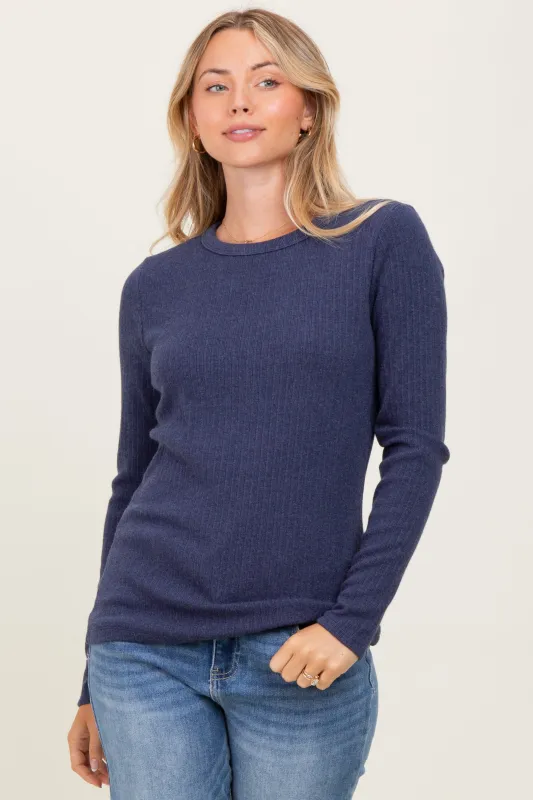 Navy Ribbed Knit Long Sleeve Top sold by Pinkblush