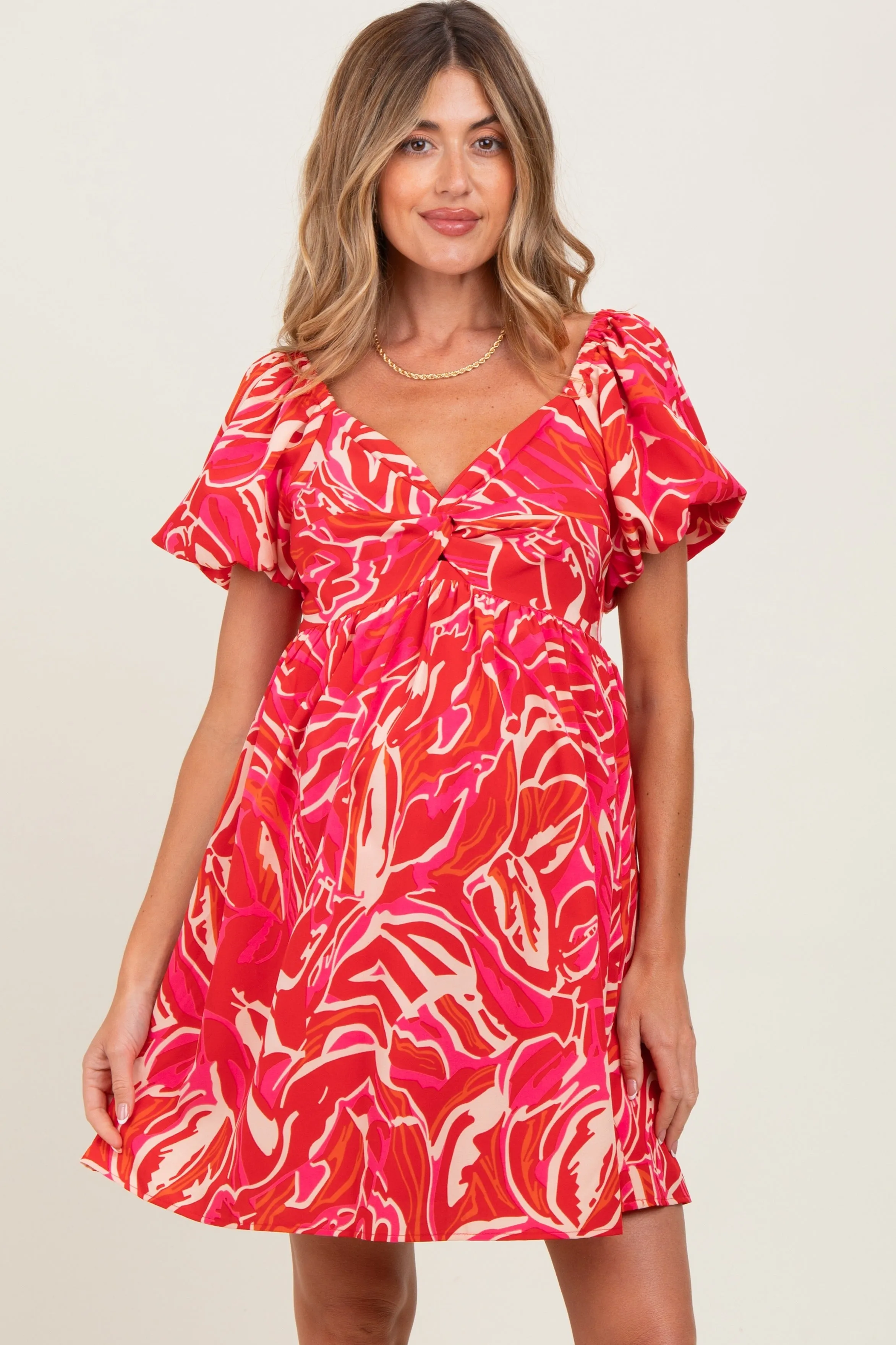 Red Printed Twisted Front Maternity Mini Dress sold by Pinkblush