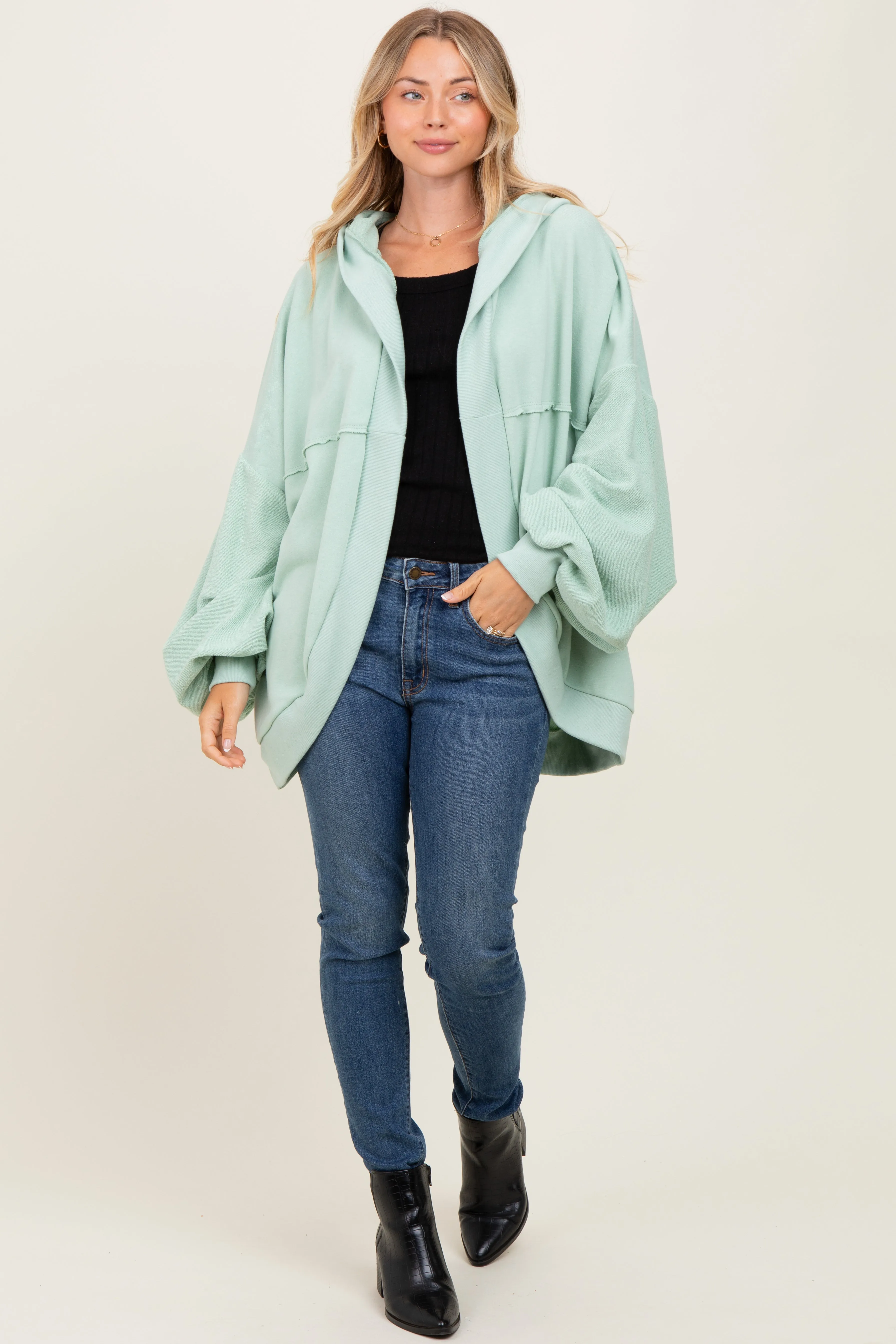Sage Solid Terry Long Dolam Sleeve Vintage Hoodie sold by Pinkblush product image thumbnail 2