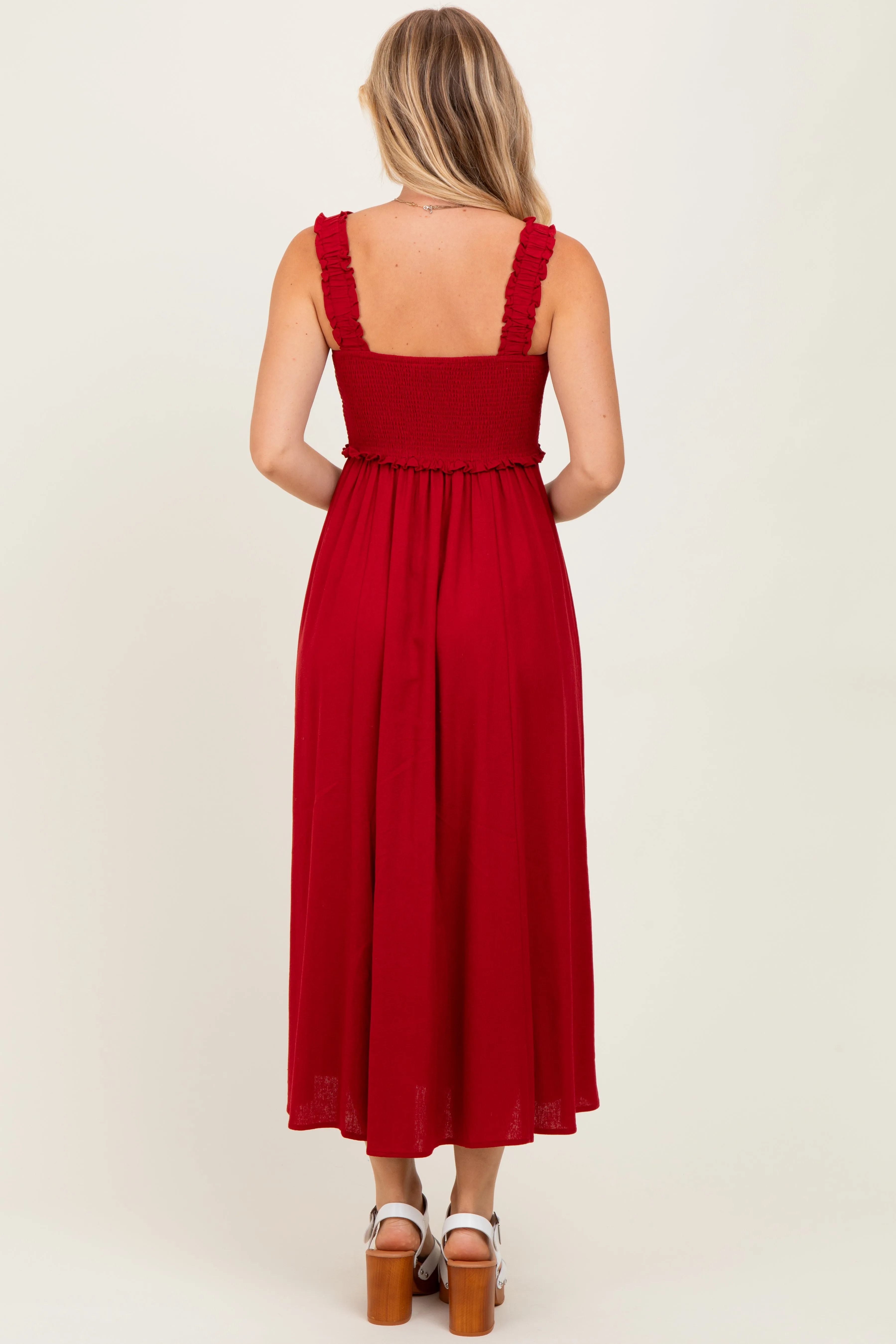 Burgundy Smocked Sleeveless Button Down Midi Dress sold by Pinkblush product image thumbnail 4