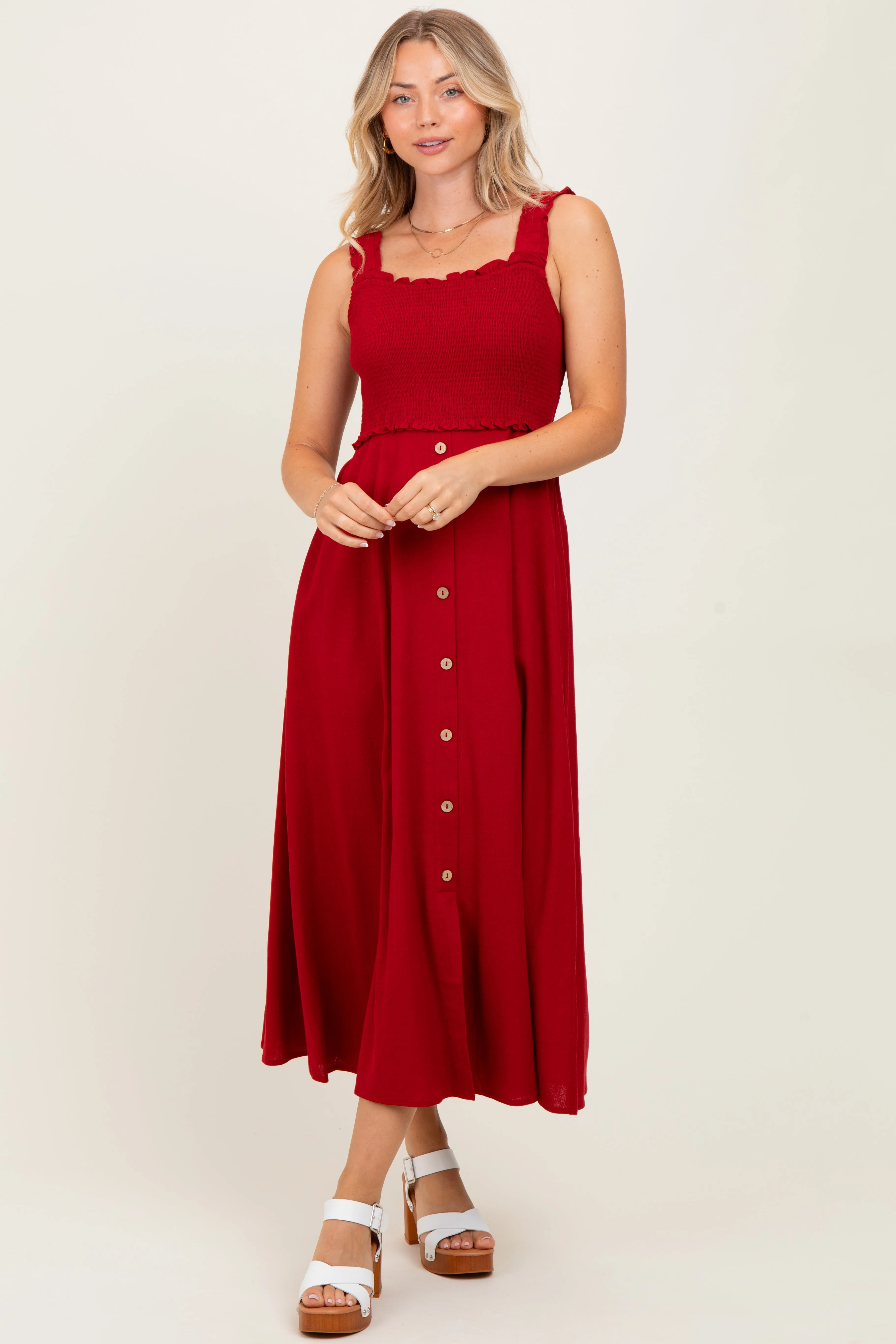 Burgundy Smocked Sleeveless Button Down Midi Dress sold by Pinkblush product image thumbnail 2
