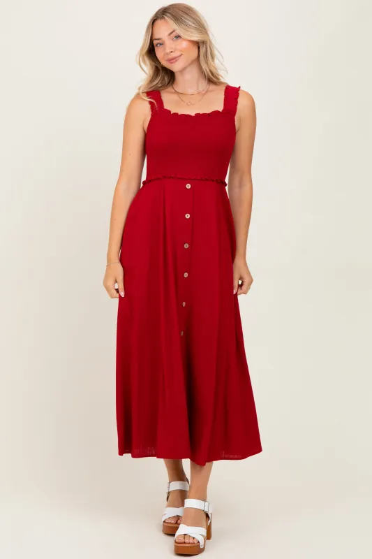 Burgundy Smocked Sleeveless Button Down Midi Dress sold by Pinkblush