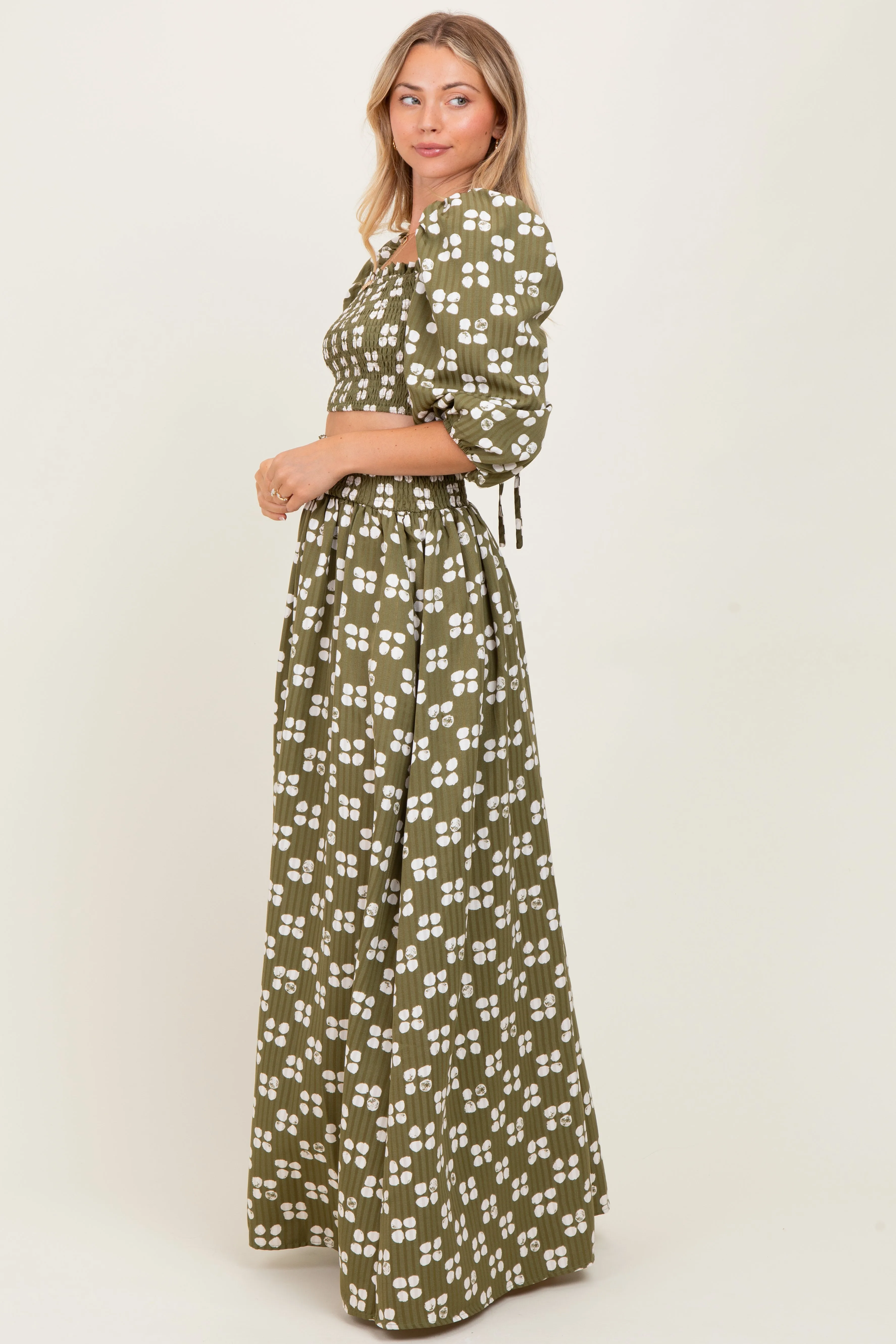 Olive Printed Smocked Crop Top Maxi Skirt Set sold by Pinkblush product image thumbnail 3