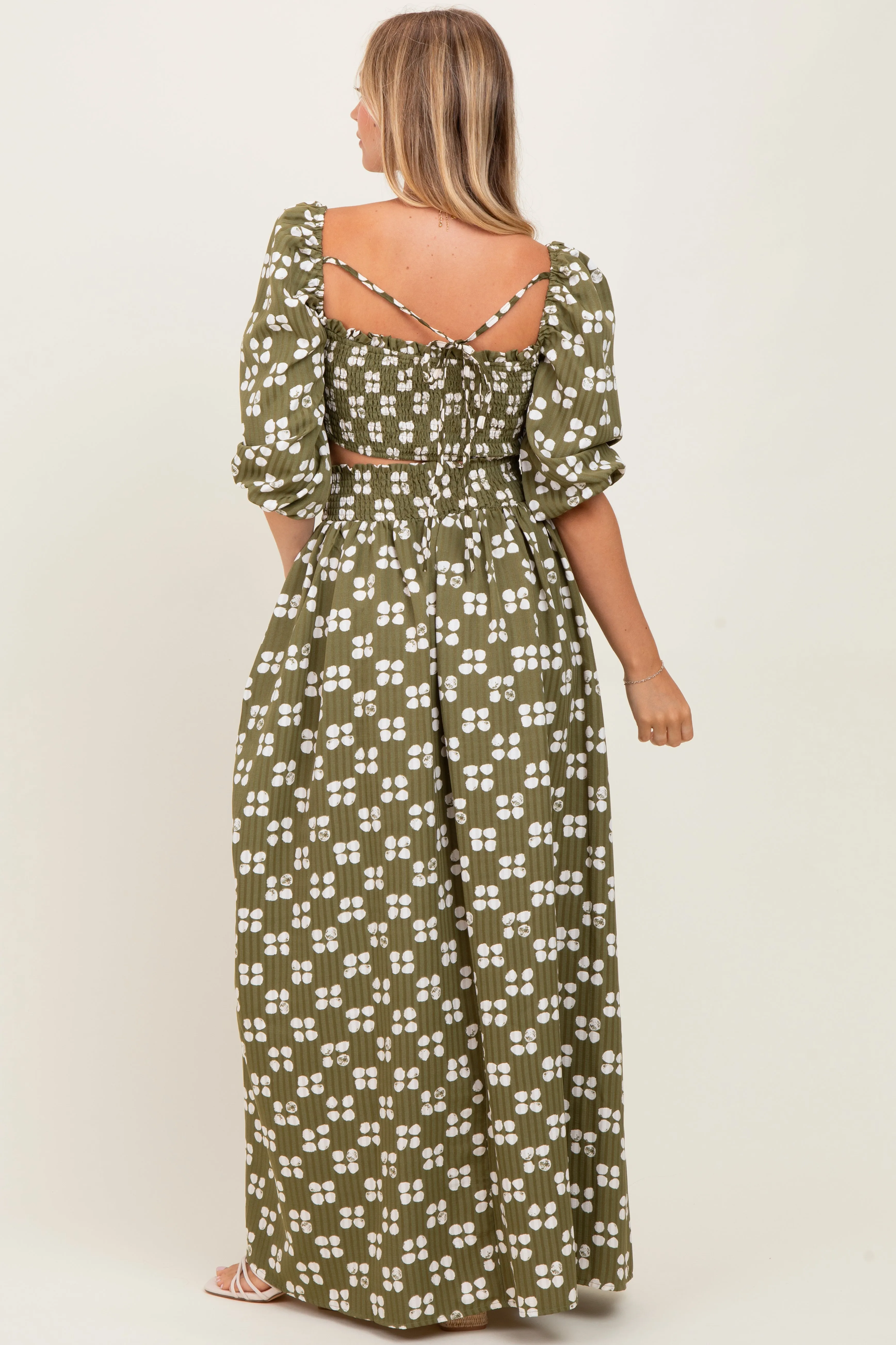 Olive Printed Smocked Crop Top Maxi Skirt Set sold by Pinkblush product image thumbnail 4