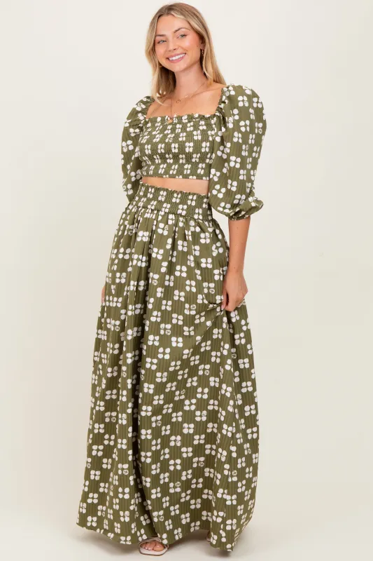 Olive Printed Smocked Crop Top Maxi Skirt Set sold by Pinkblush