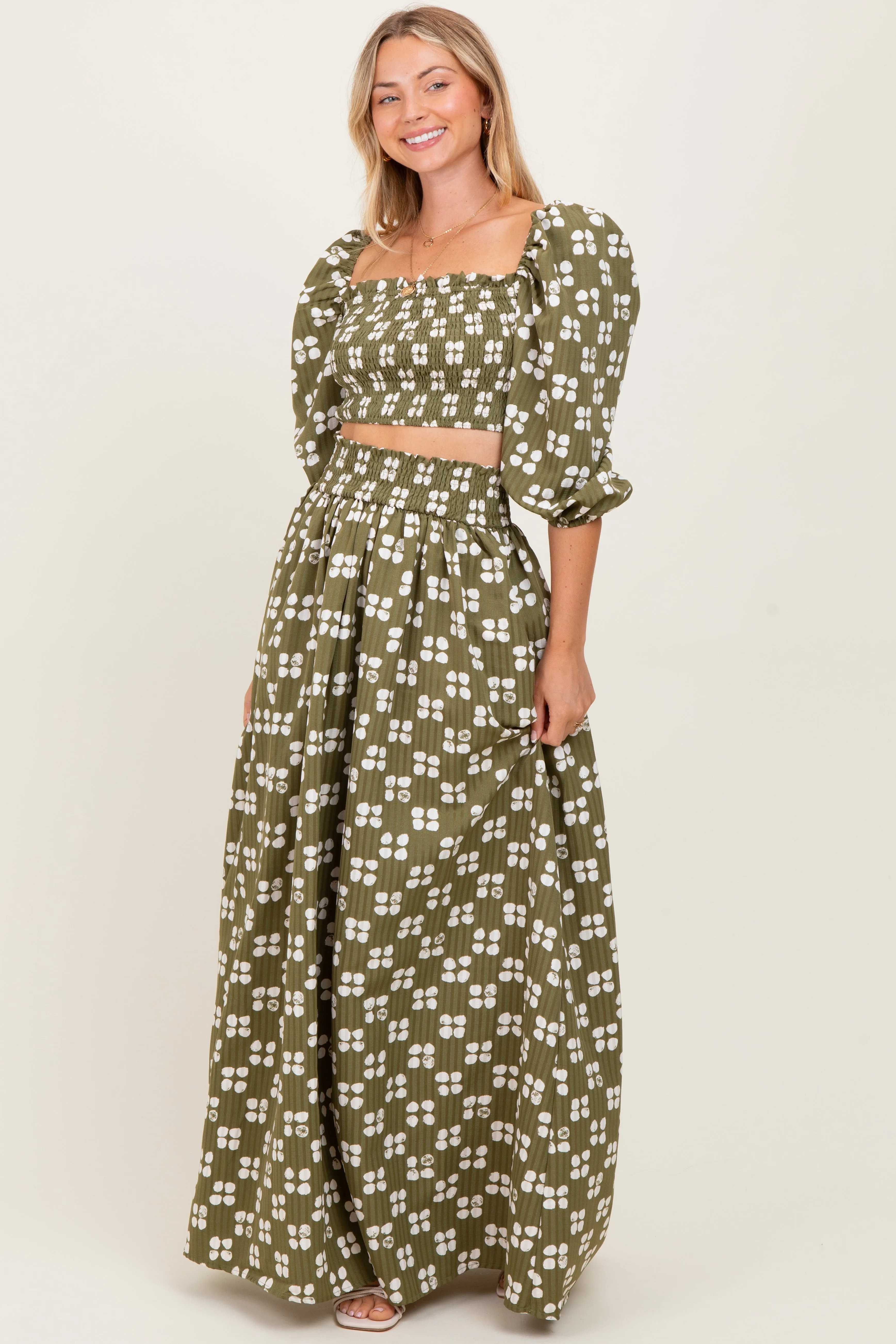 Olive Printed Smocked Crop Top Maxi Skirt Set sold by Pinkblush