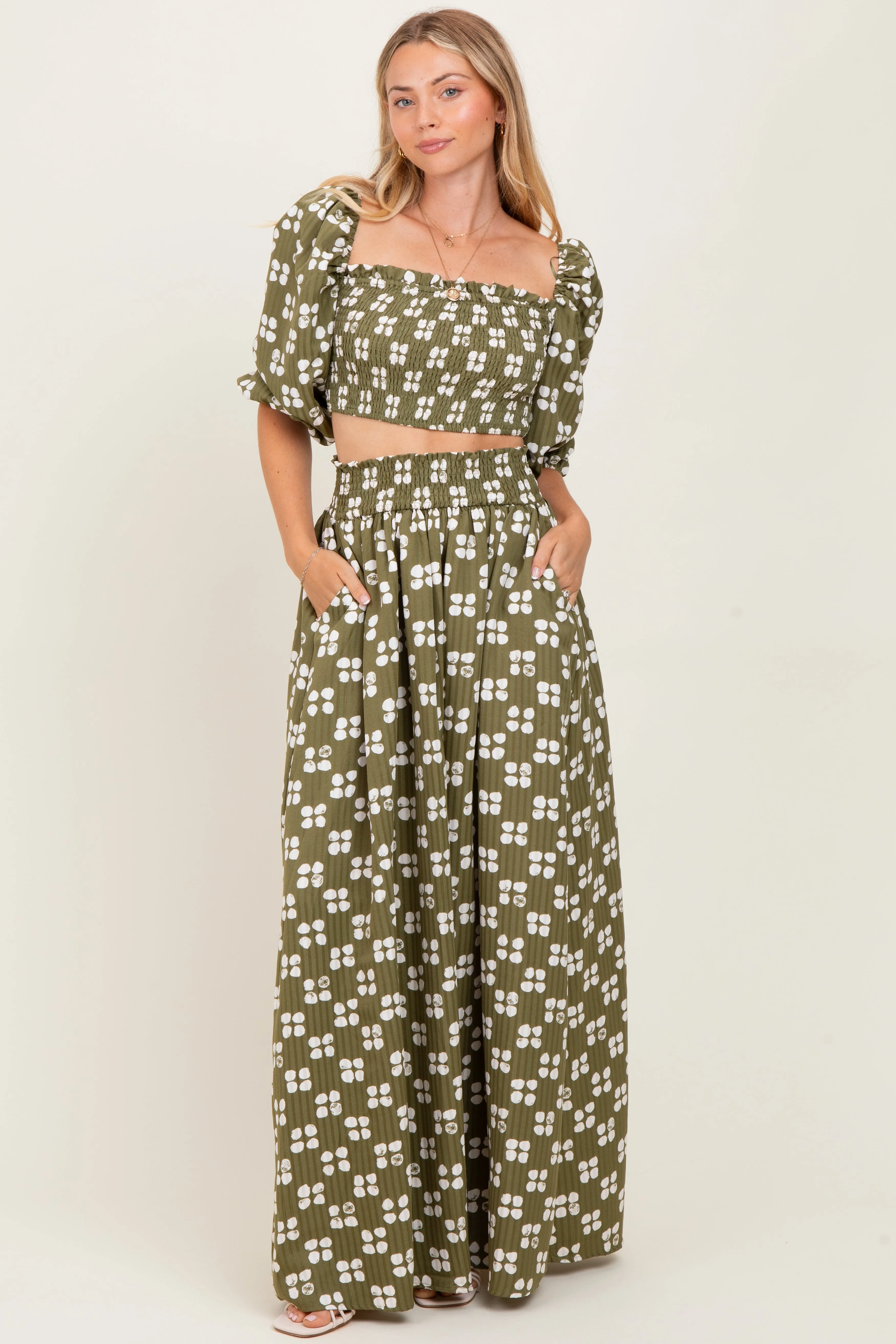 Olive Printed Smocked Crop Top Maxi Skirt Set sold by Pinkblush product image thumbnail 2