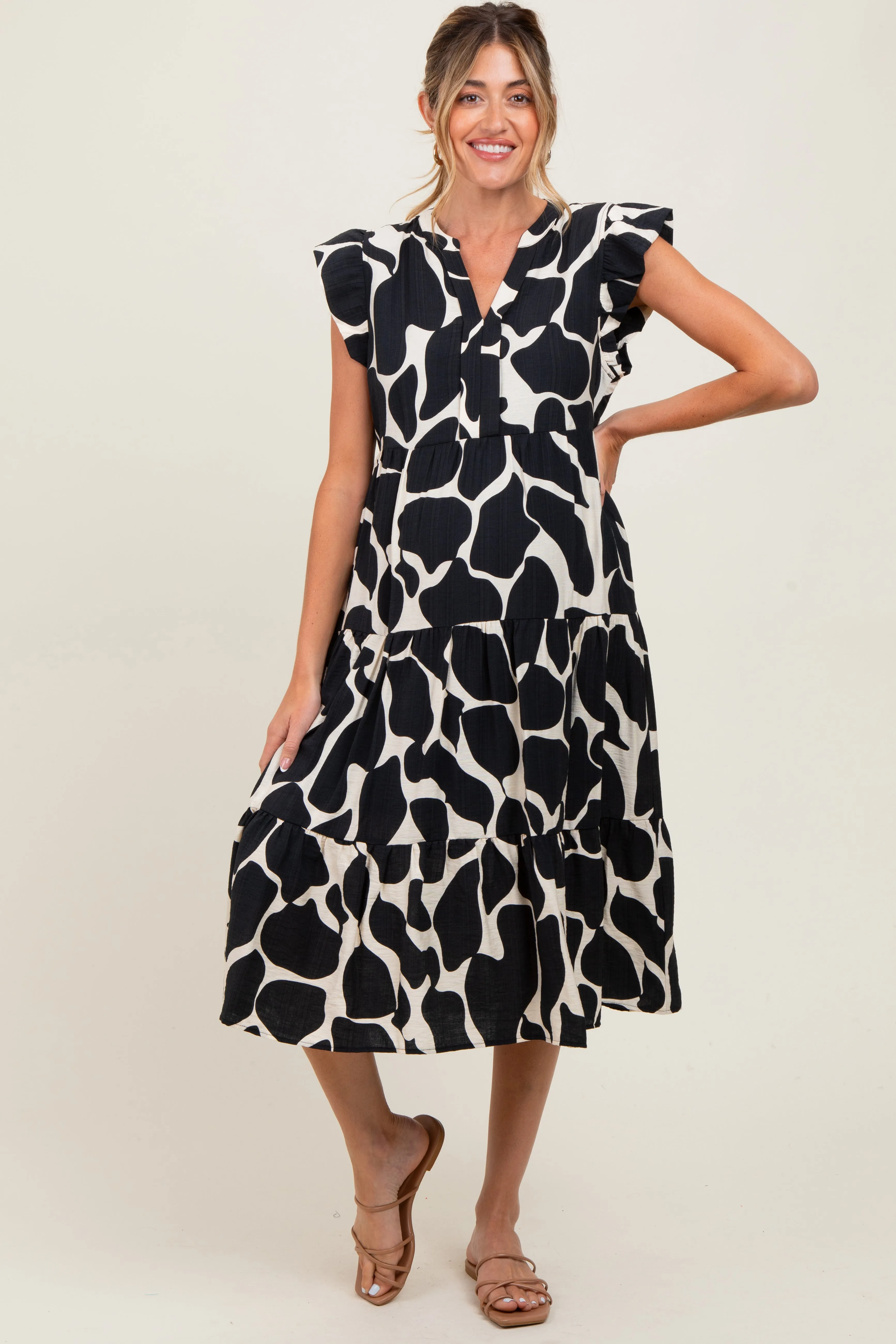 Black Print Tiered Layer Maternity Midi Dress sold by Pinkblush product image thumbnail 2