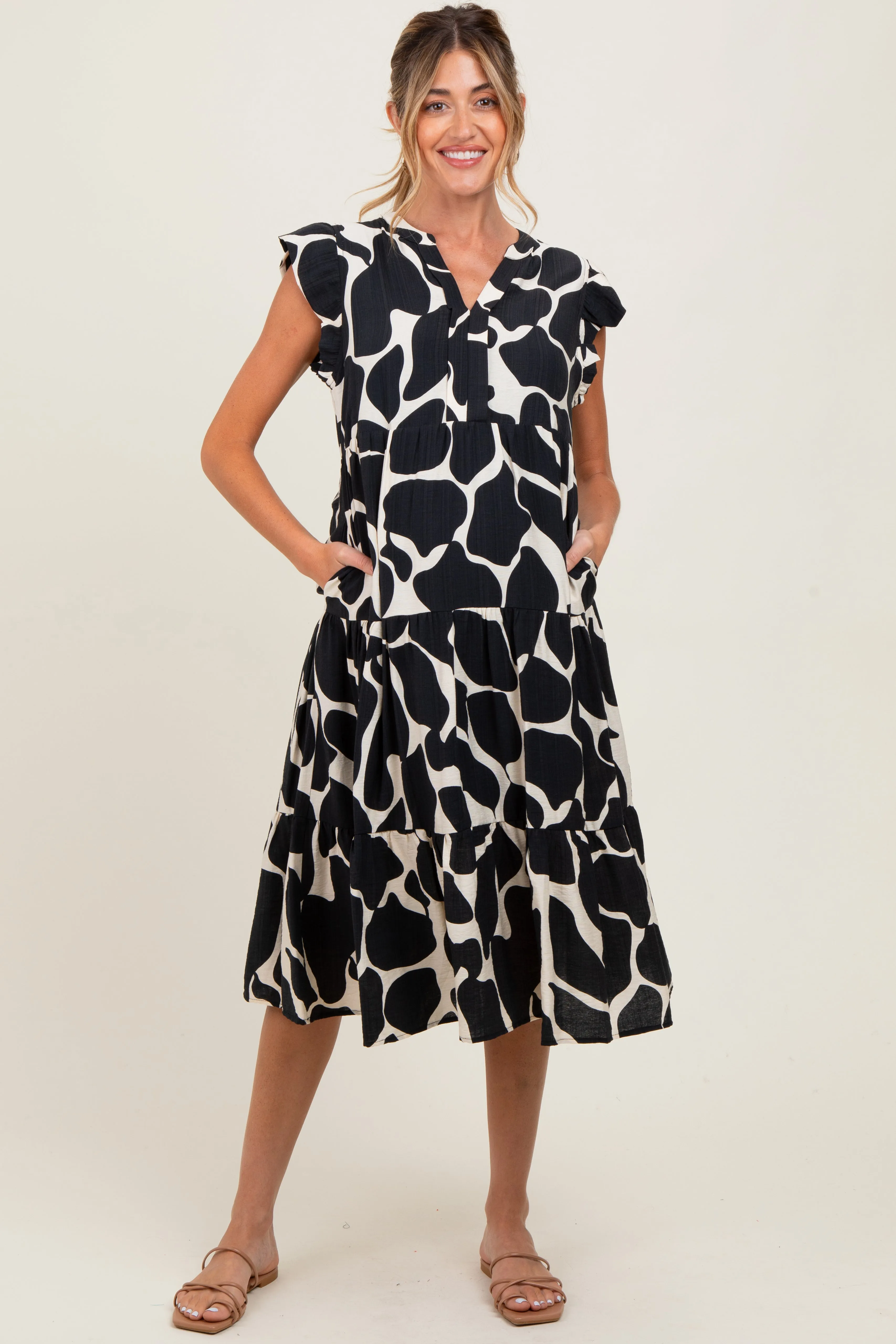 Black Print Tiered Layer Maternity Midi Dress sold by Pinkblush