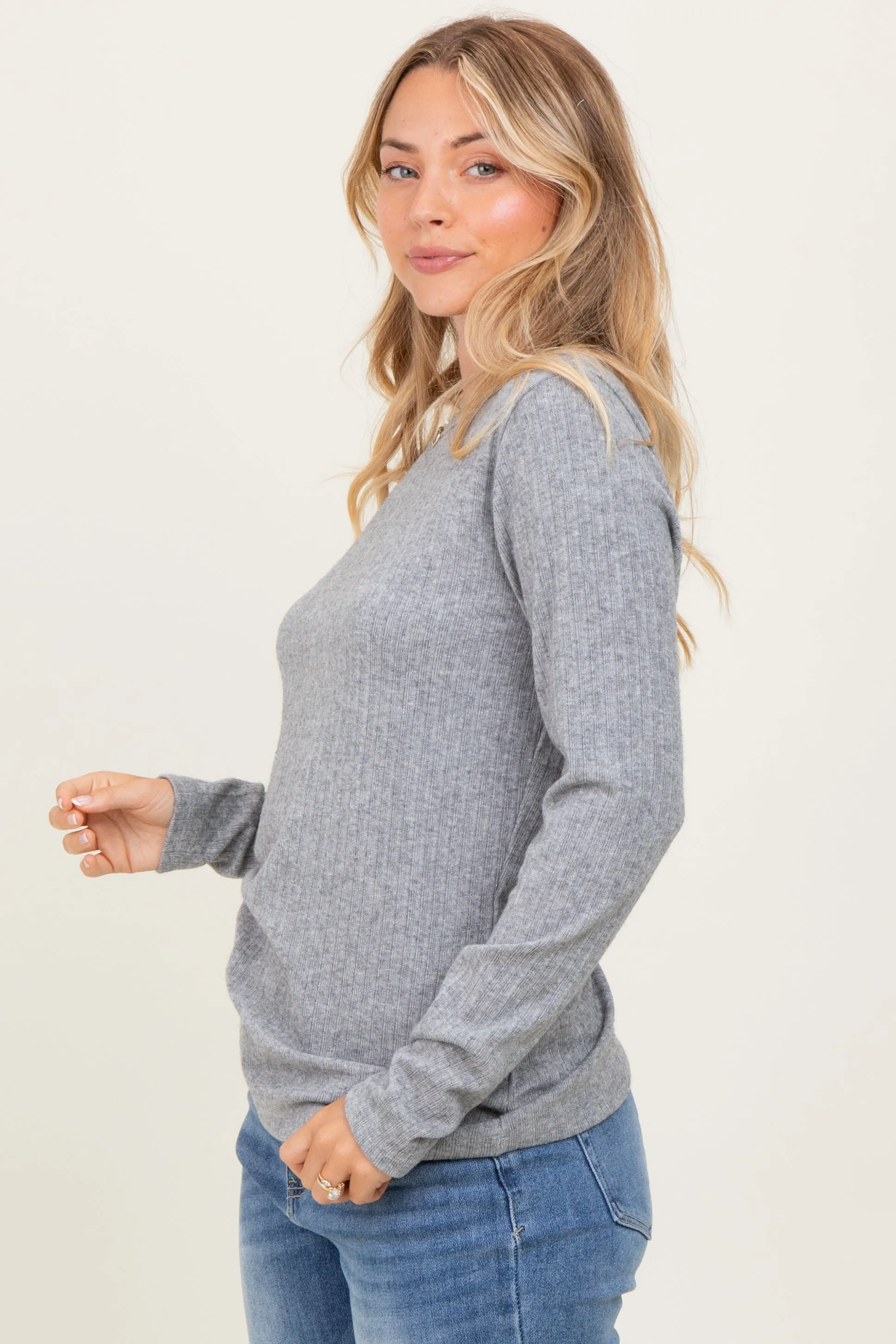 Heather Grey Ribbed Knit Long Sleeve Top sold by Pinkblush product image thumbnail 3